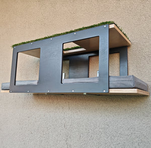 Outdoor cat shelf. Mold, mildew, and UV light resistant. Great for cats of all sizes and very comfortable for large and obese cats. It's fun and modern.