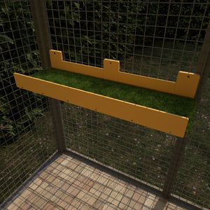 Large cat shelf for outdoor enclosures. It's made for large cats. The pictured one has yellow railing and back mounting plates with dark grey base and artificial grass on top. It's sturdy and durable