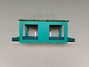 Outdoor shelf for a cat run or an enclosed porch or terrace. Ideal for mounting onto steel mesh or onto wood or metal studs/beams. It's a modern outdoor cat shelf for cats of all sized and big enough even for the largest house cats.