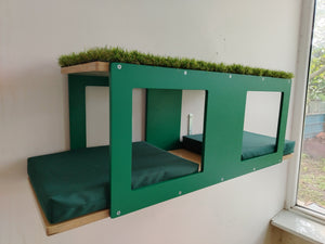 Side view of a multilevel cat shelf made for outdoor use. It has emerald green front and back plates, and bottom and top wood plates in natural birch. Protected with high quality paints that are resistant to UV light and mold. The bottom plate is larger and has 2 large and comfortable pillows. There are 2 bit windows on the back and front plates, making it ideal for cats to observe everything around. The top is carpeted with soft artificial grass and is easy to keep clean.