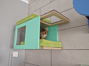 One eyed tabby cat is lying on a bright green cushion inside a wall mounted cat tunnel shelf. The cat shelf is mounted onto a tiled grey wall. The shelf is sturdy, made out of birch plywood. The front and back plates are mint colored, while the base top and bottom plates are in lacquered birch. The corner cat tunnel has one window and multiple entry points. There are 2 comfortable cushions, one on top, the other inside, both bright green corduroy