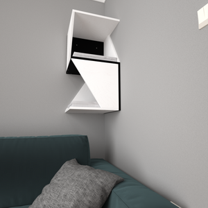 a preview render of a wall mounted cat tower. The tower is sleek and modern, combines white and black colors, with cushions in light grey. It is set in a corner above a sofa, which makes it easily accessible to cats.