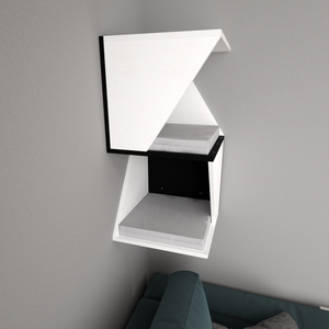 a preview render of a wall mounted cat tower. The tower is sleek and modern, combines white and black colors, with cushions in light grey. It is set in a corner above a sofa, which makes it easily accessible to cats.