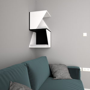 A preview render of a wall mounted cat tower. The tower is sleek and modern, combines white and black colors, with cushions in light grey. It is set in a corner above a sofa, which makes it easily accessible to cats.