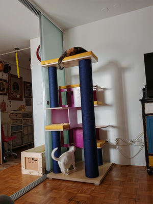 Big Cat Tower Pole Box Bed Shelf - Floory Spire - Scratchy Things Premium Pet Furniture