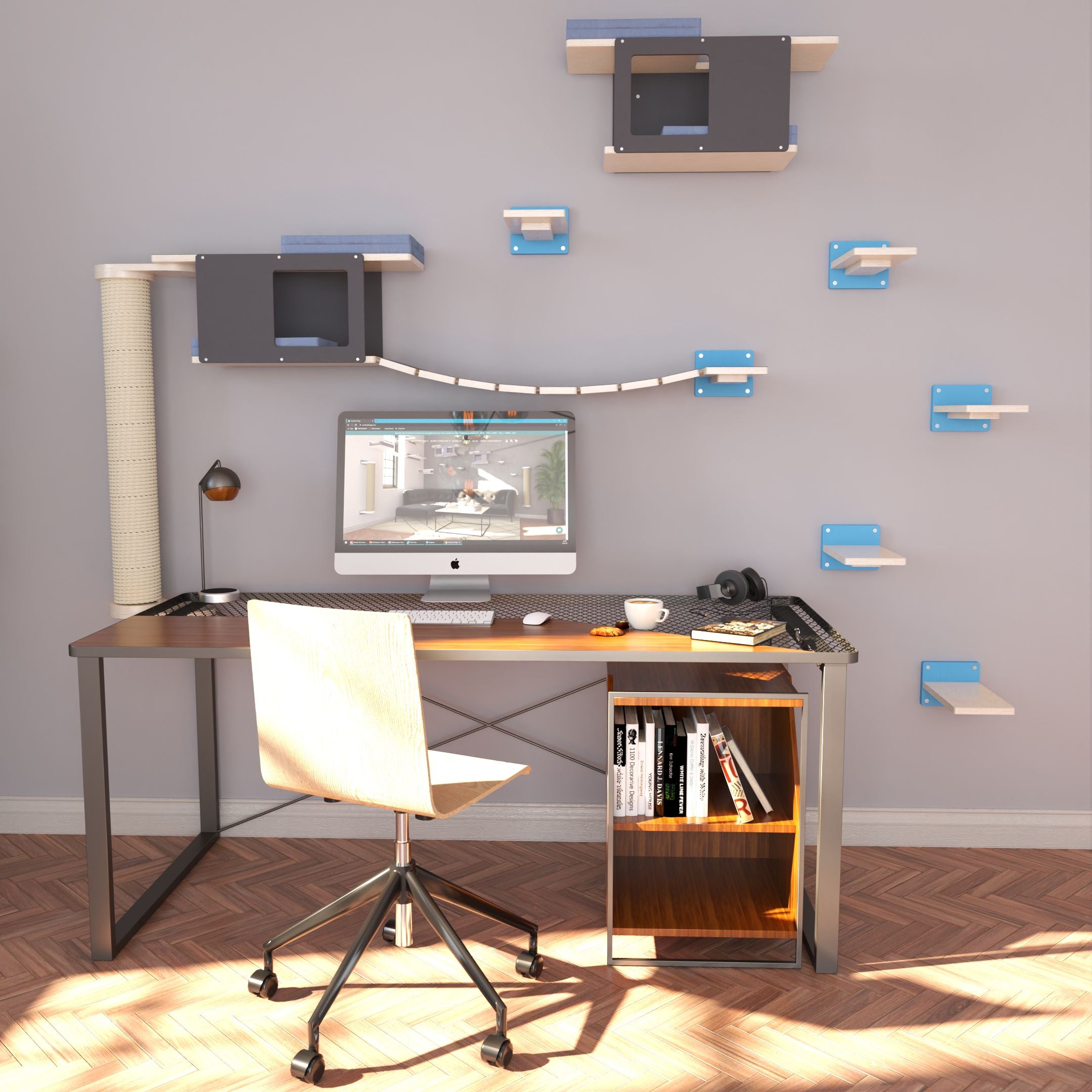 Bundle Cat Wall Scratching Climbing Pole Post Shelf - Wally WFH bundle - above desk bundle with scratching/climbing pole - Scratchy Things Premium Pet Furniture