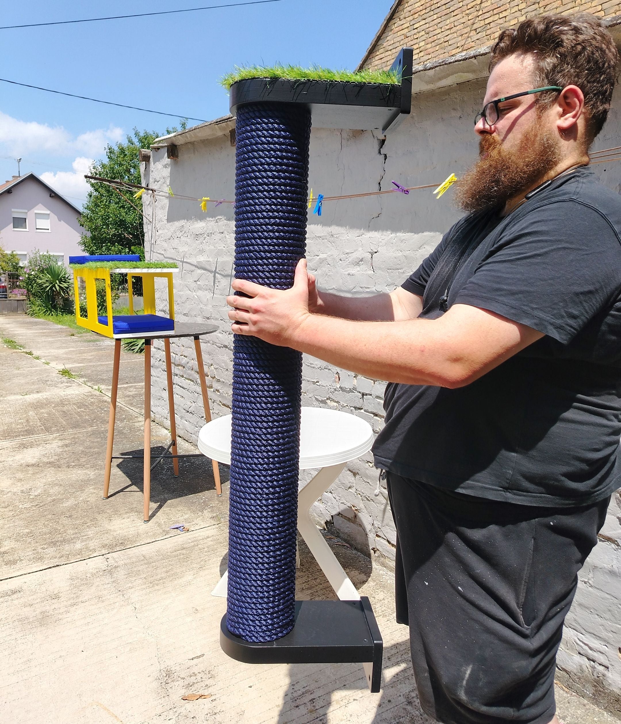 Catio Wall Shelf Scratching Pole Post Shelf - Catio Scratching Post - Outdoor cat scratching pole - Scratchy Things Premium Pet Furniture