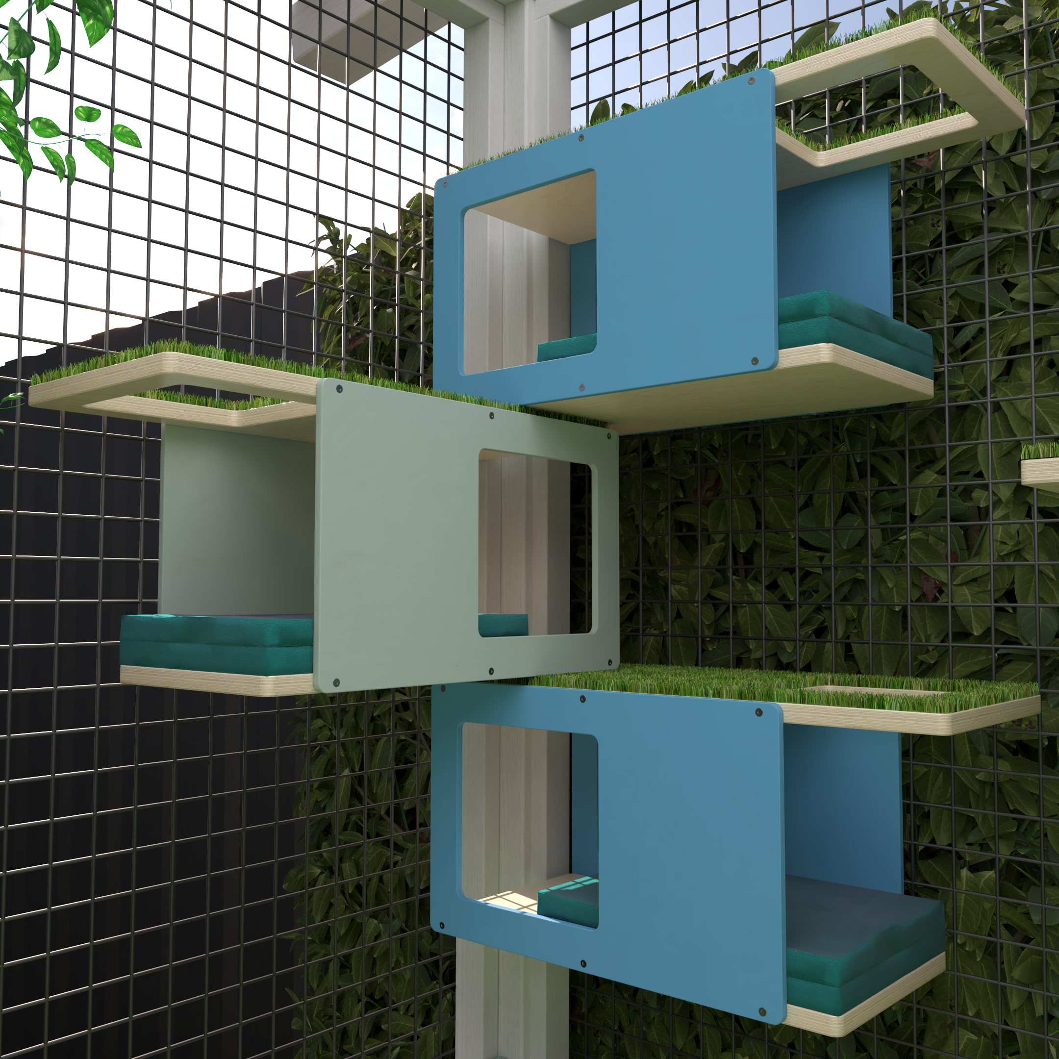 Catio Outdoor Cat Wall Shelf Bed Perch - Catio CornerTunnel 3-pack - Scratchy Things Premium Pet Furniture