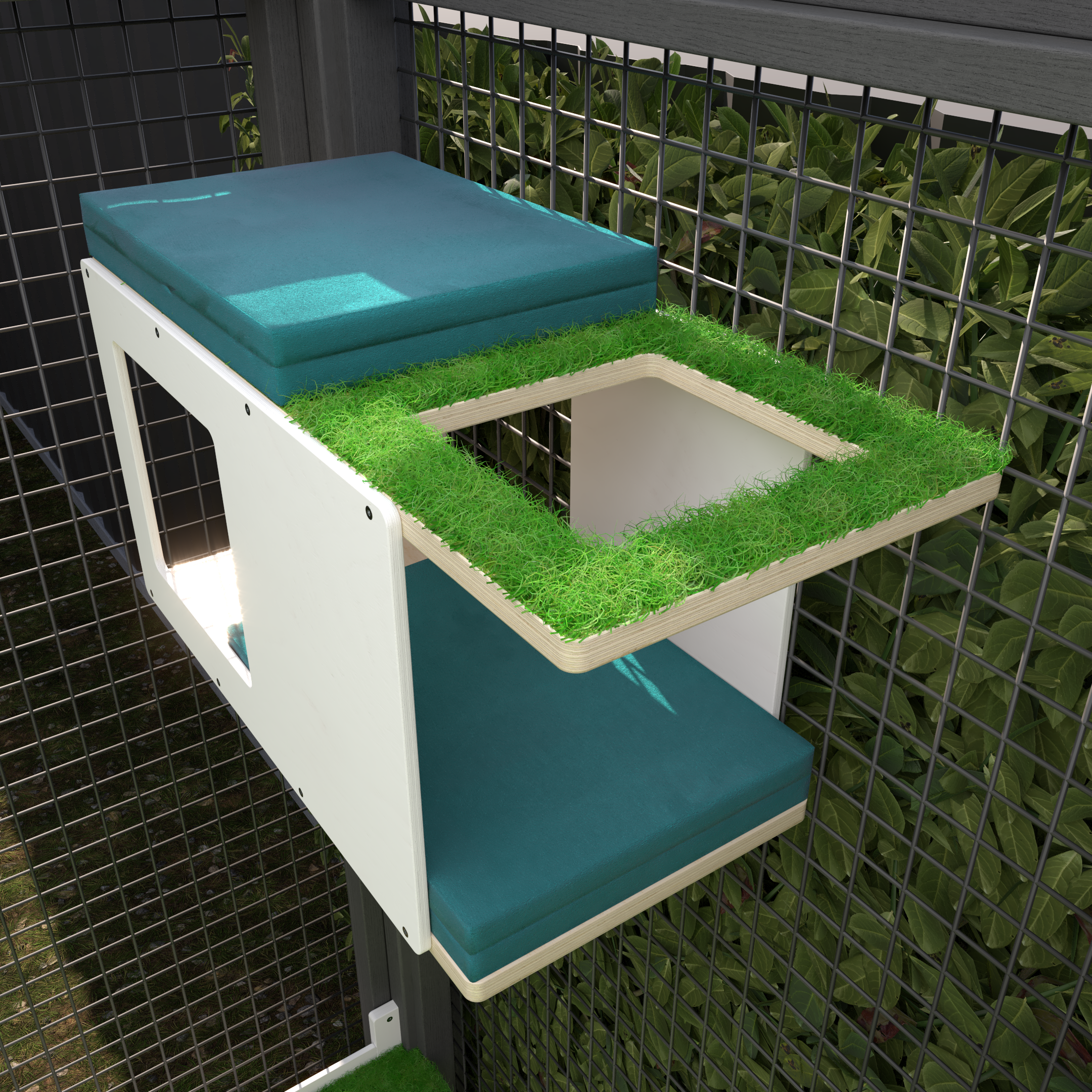 Catio Big Cat Wall Shelf Bed Perch - Catio BigCat CornerTunnel - outdoor cat house - Scratchy Things Premium Pet Furniture