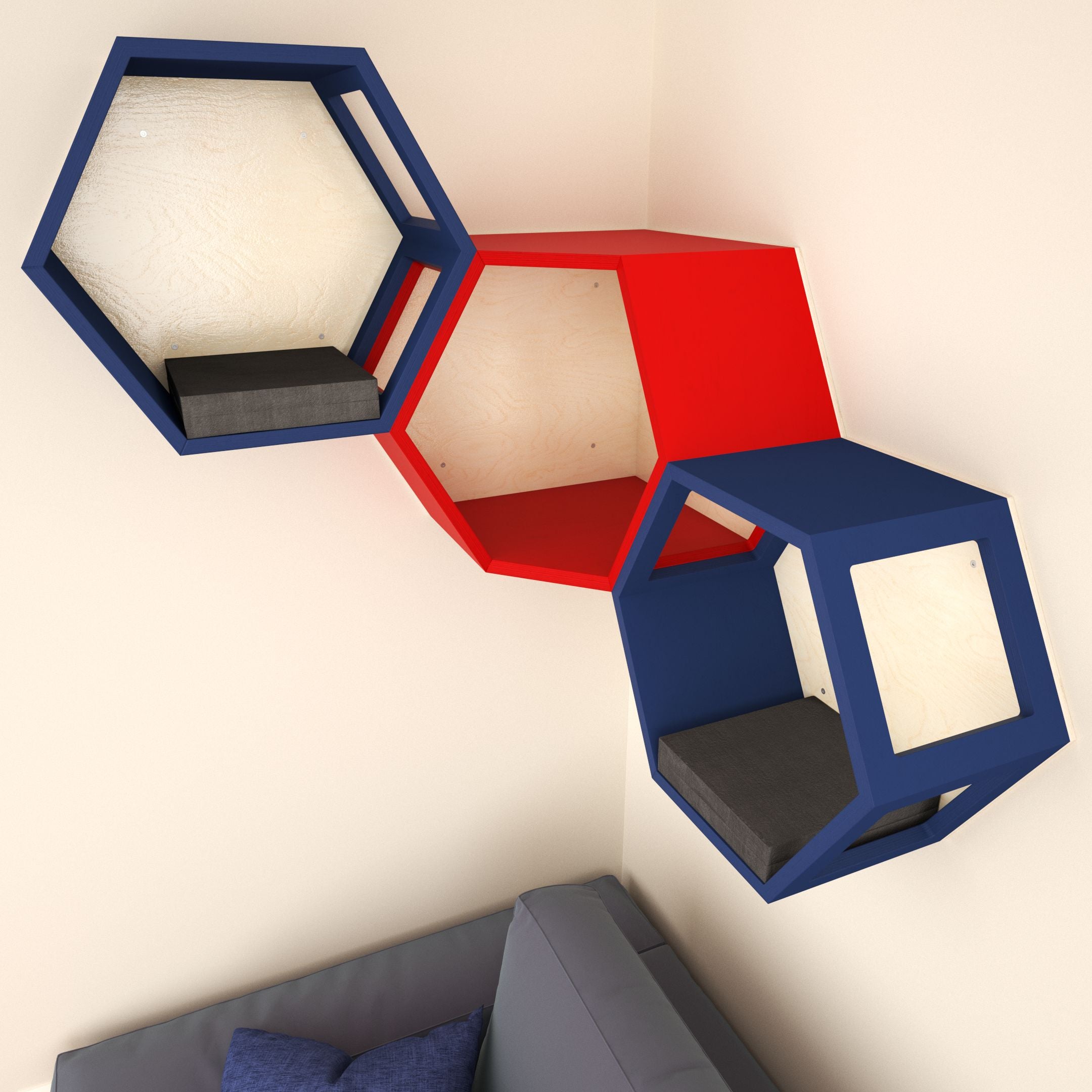 Cat Wall Shelf Hexagonal Corner Bed Bundle - Corner Hex Bundle - Scratchy Things Premium Pet Furniture