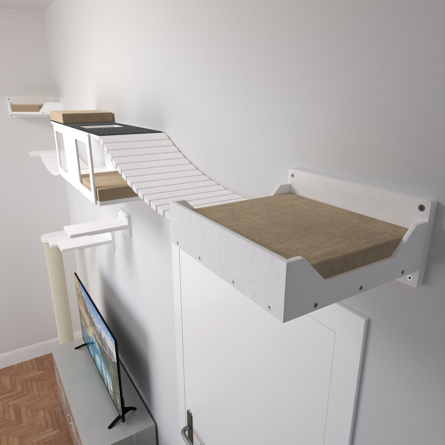 Cat Wall Shelf Bridge Bed Bundle - White Bundle - Scratchy Things Premium Pet Furniture