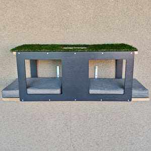 Outdoor shelf for a cat run or an enclosed porch or terrace. Ideal for mounting onto steel mesh or onto wood or metal studs/beams. It's a modern outdoor cat shelf for cats of all sized and big enough even for the largest house cats.