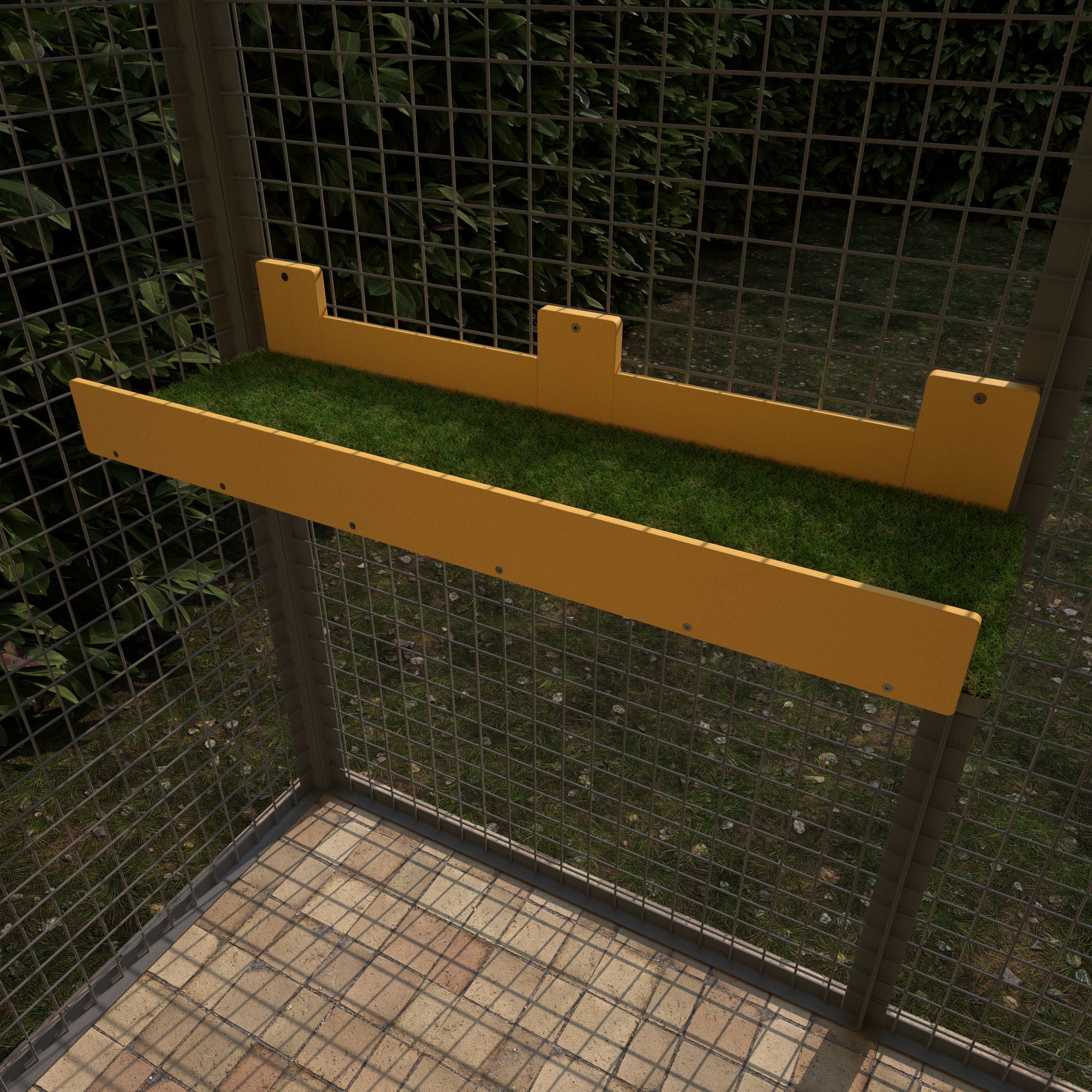 Large cat shelf for outdoor enclosures. It's made for large cats. The pictured one has yellow railing and back mounting plates with dark grey base and artificial grass on top. It's sturdy and durable
