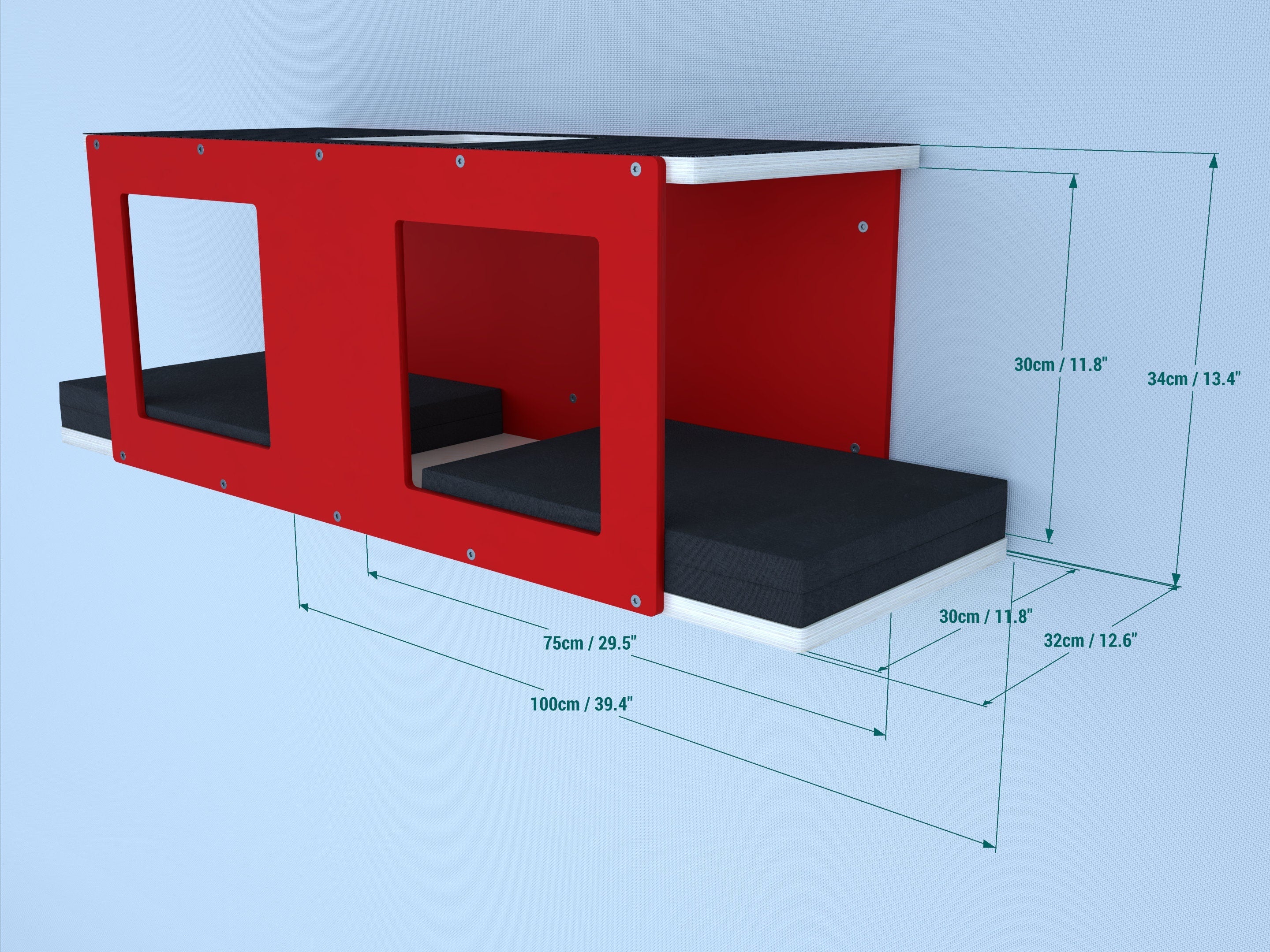 Dimensions of the outdoor cat tunnel shelf are: 100 x 32 x 34 cm / 39.4" x 12.6" x 13.4"
