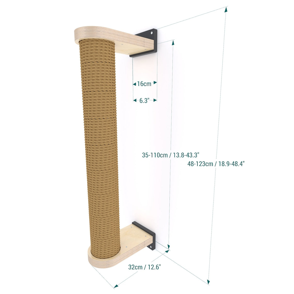 Dimensions of the cat scratching post are 32 x 16 x 50-110 cm / 12.6" x 6.3" x 19.7"- 43.3"