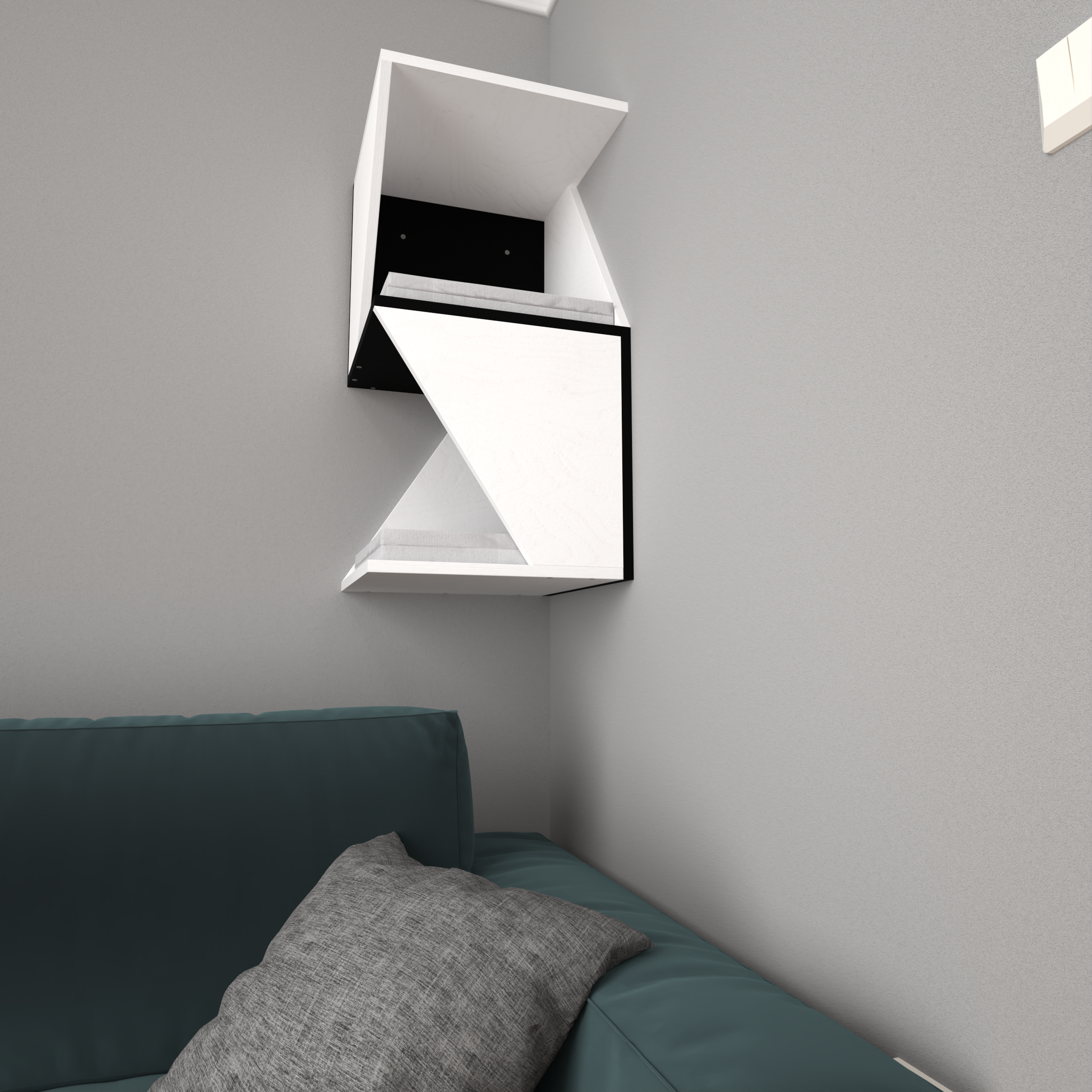 a preview render of a wall mounted cat tower. The tower is sleek and modern, combines white and black colors, with cushions in light grey. It is set in a corner above a sofa, which makes it easily accessible to cats. 