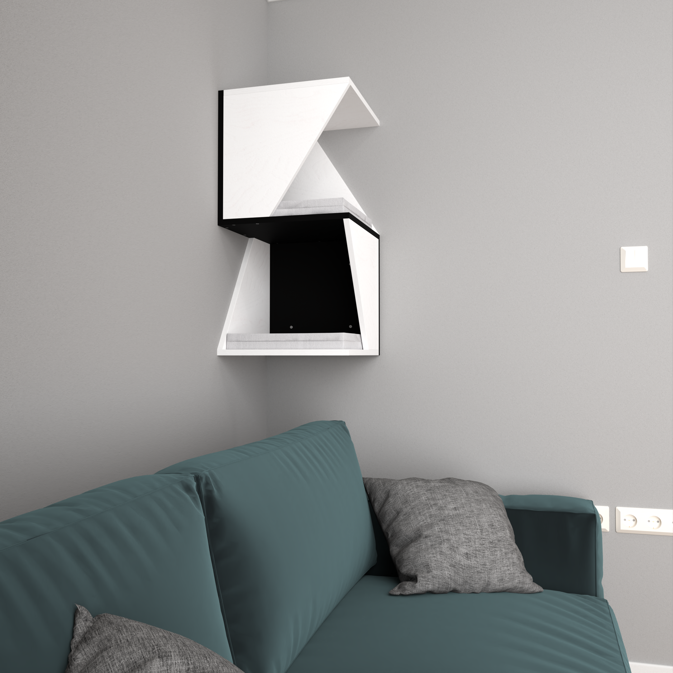 A preview render of a wall mounted cat tower. The tower is sleek and modern, combines white and black colors, with cushions in light grey. It is set in a corner above a sofa, which makes it easily accessible to cats. 