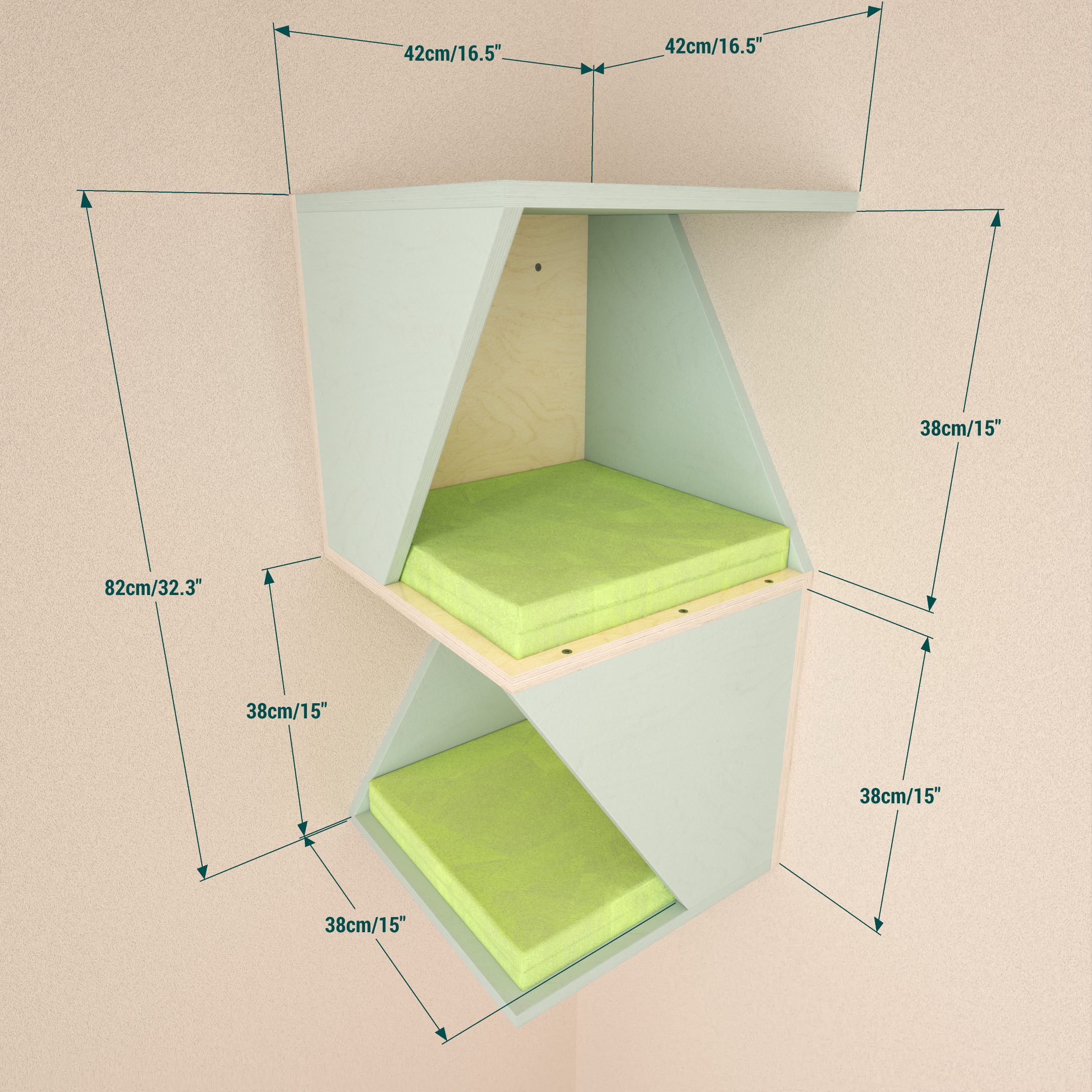 Measurements of the cat corner tower are 42 x 42 x 82 cm / 16.6" x 16.6" x 32.3"