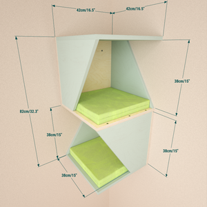 Measurements of the cat corner tower are 42 x 42 x 82 cm / 16.6" x 16.6" x 32.3"