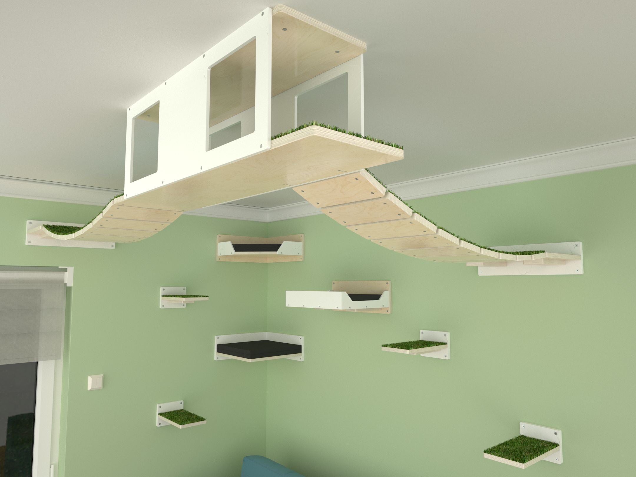 Cat Wall Shelf Bridge Bed Bundle - Corner Heights Grass Bundle - Scratchy Things Premium Pet Furniture