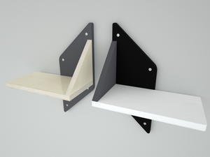 Left and right versions of the same wall mounted cat step. The left version had base in birch and grey accent back plate. The right has a black back accent plate, a grey triangular support and white base plate. Steps are sleek and modern. Unique high end cat furniture. They can be carpeted for extra grip. They can be used on a feature wall as art as they are quite unique. 