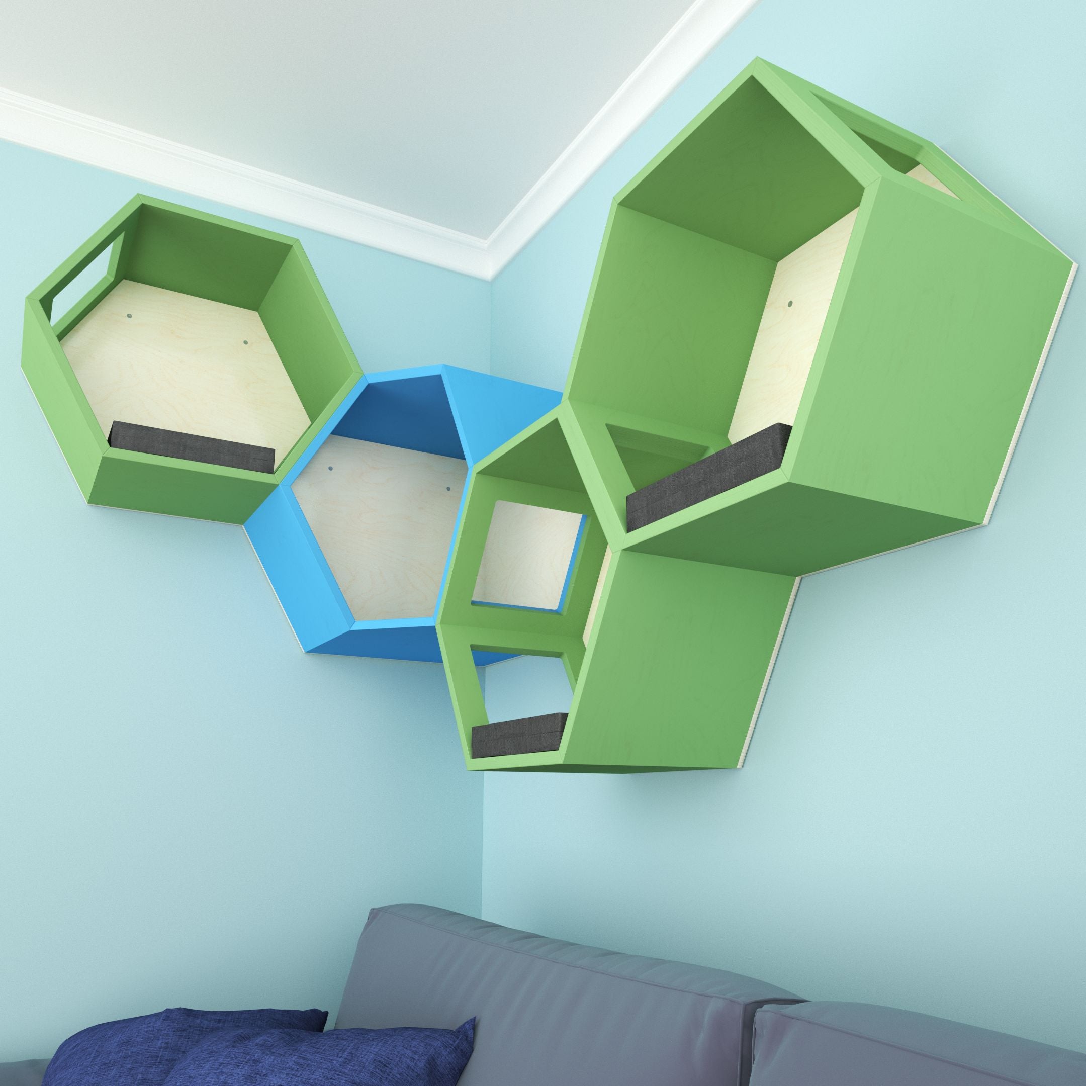 Cat Wall Shelf Hexagonal Corner Bed - Wally Hex Corner 30 - Scratchy Things Premium Pet Furniture