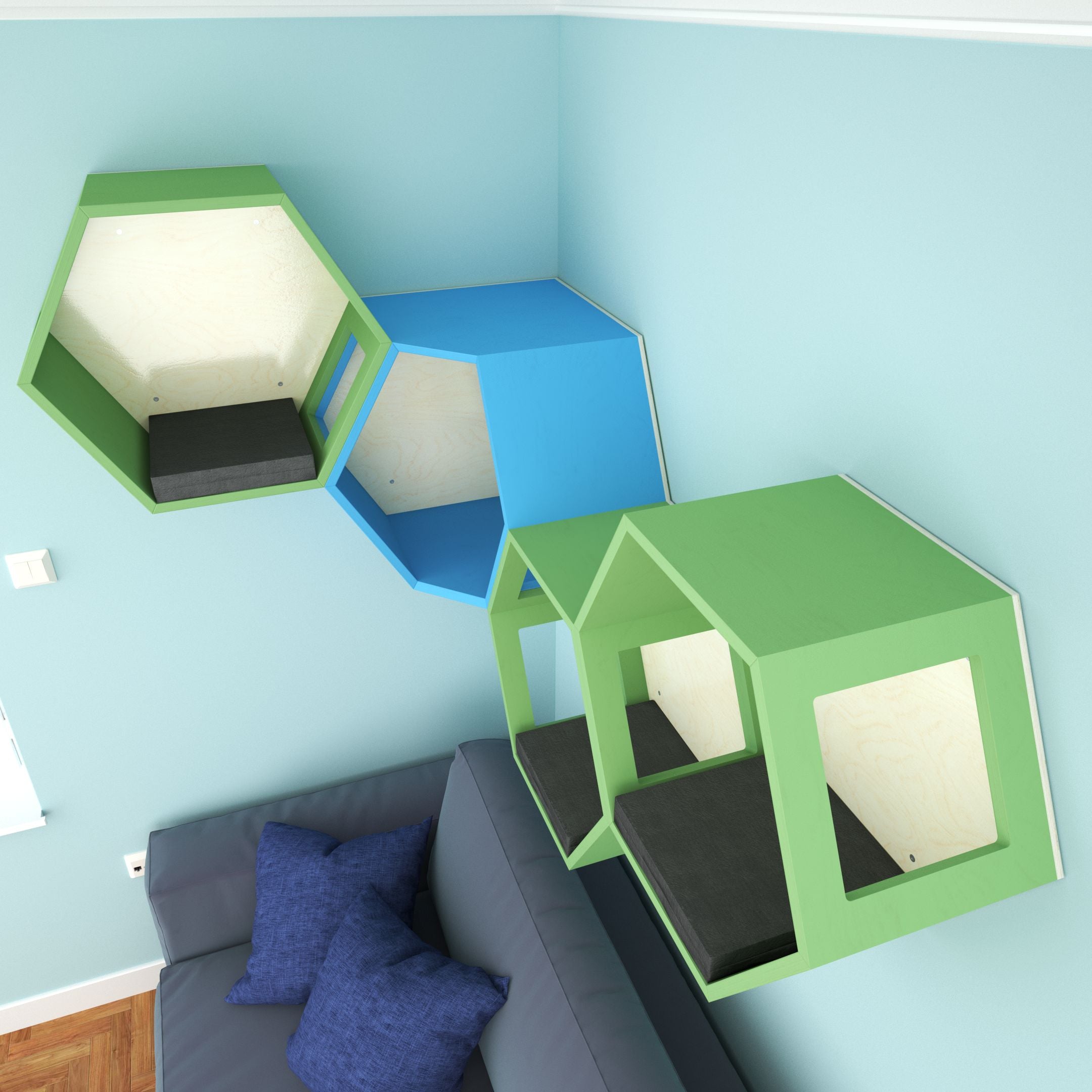 Cat Wall Shelf Hexagonal Corner Bed - Wally Hex Corner 30 - Scratchy Things Premium Pet Furniture