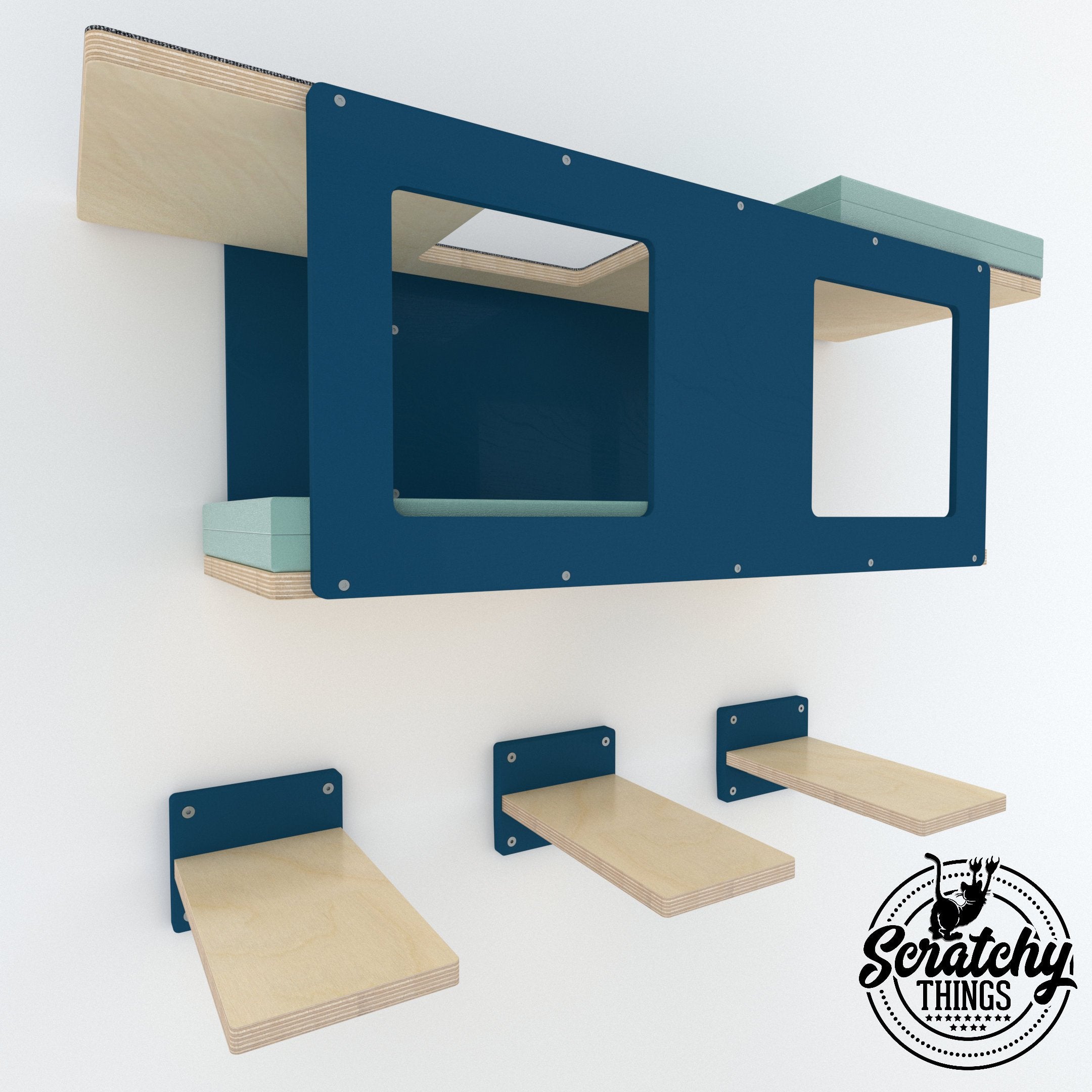 Big Cat Wall Shelf Bed Bundle - Wally BigCat Tunnel Bundle - Scratchy Things Premium Pet Furniture