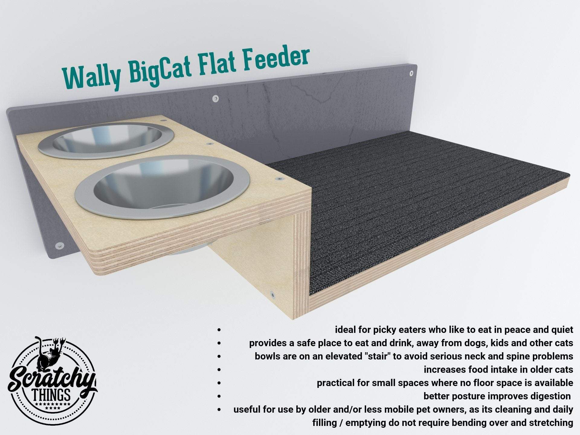 Big Cat Wall Shelf Feeder - Wally BigCat Flat Feeder - Scratchy Things Premium Pet Furniture