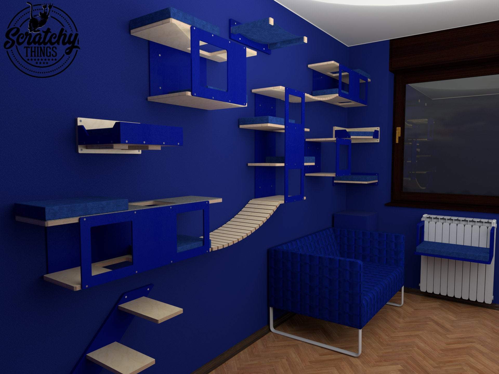 Cat Wall Shelf Bed Bundle - Blue Room Bundle - Scratchy Things Premium Pet Furniture