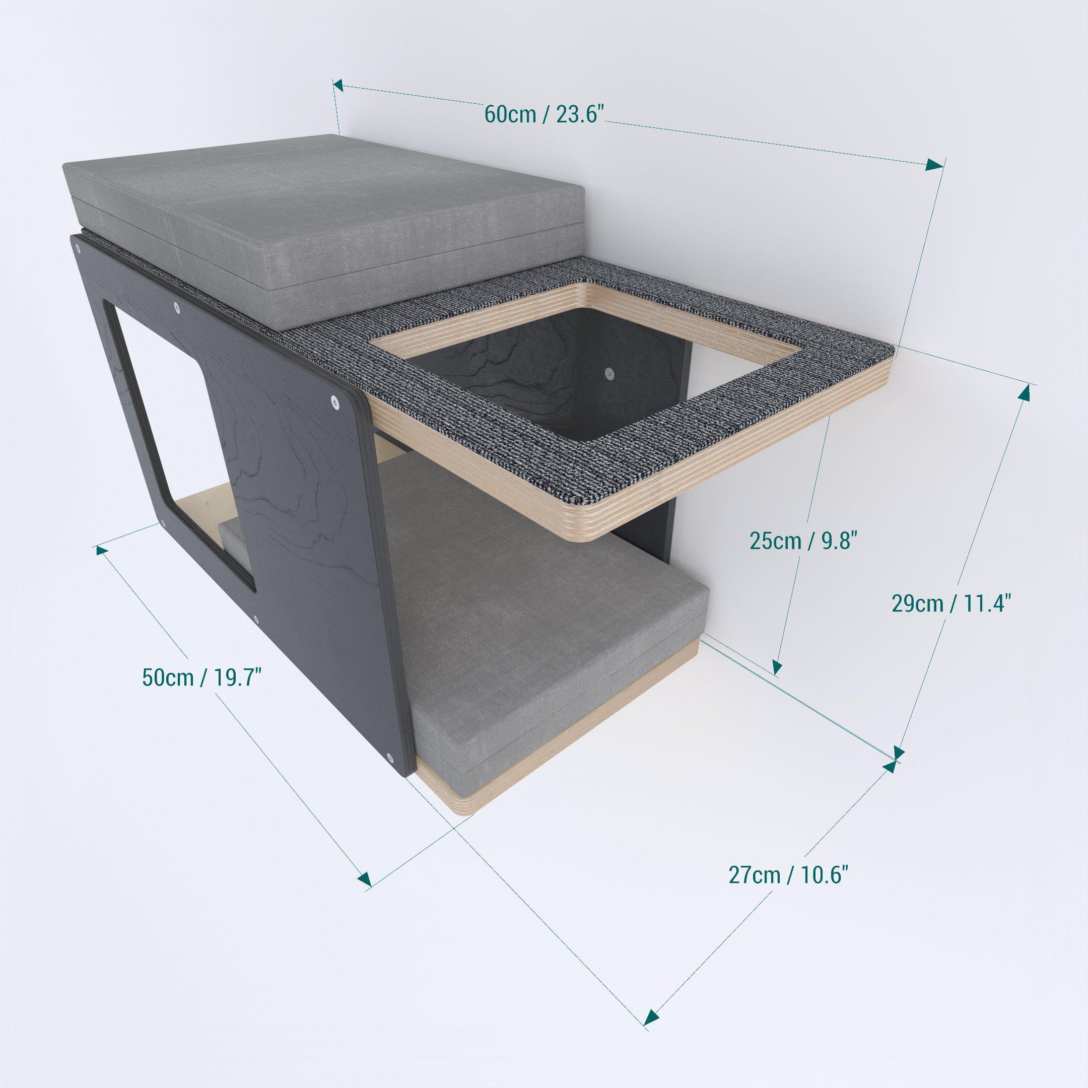 The dimension of a wall mounted corner tunnel are 60cm x 29cm x 27cm / 23.6" x 11.4" x 10.6"
