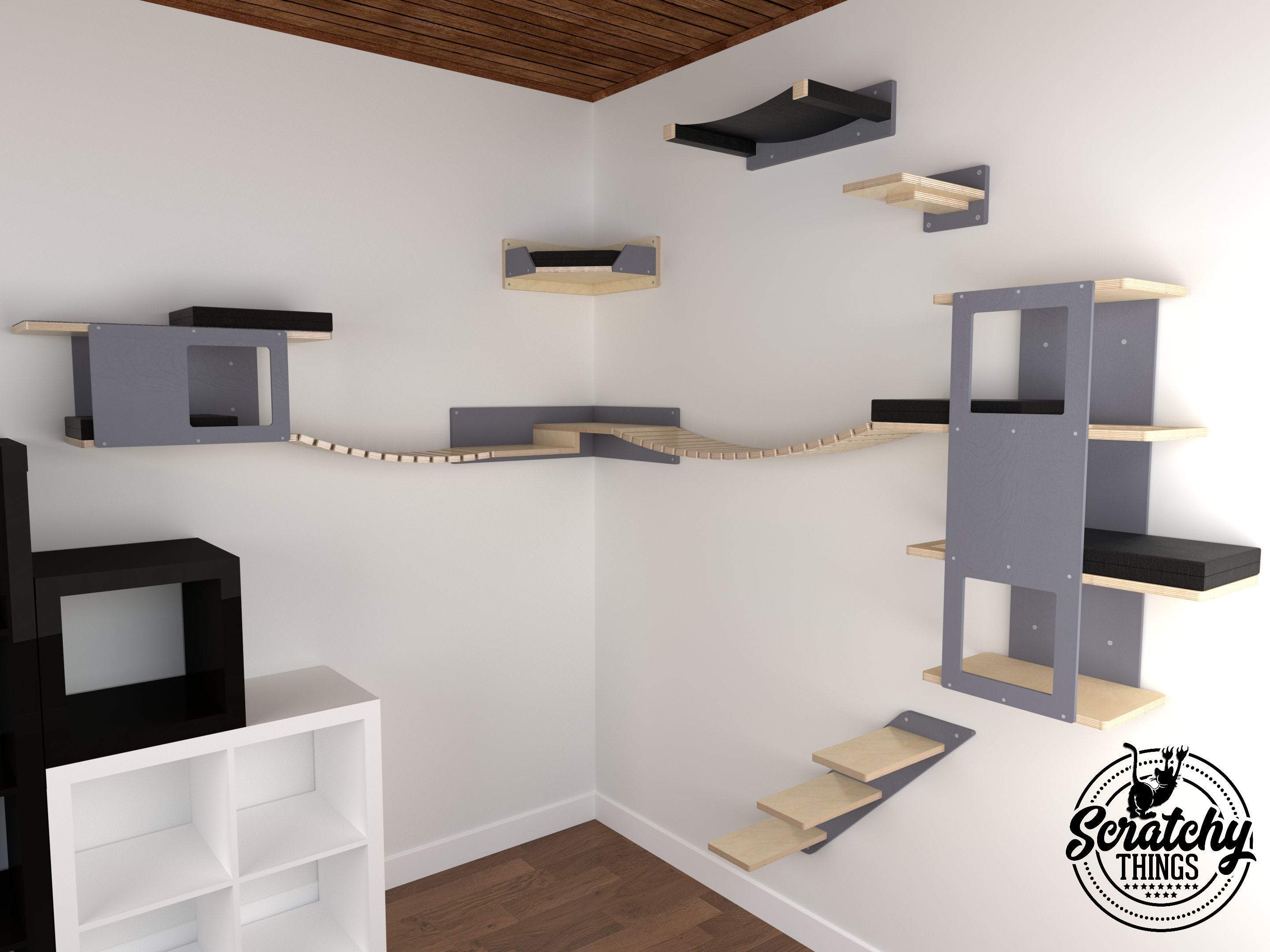 Cat Wall Shelf Bridge Bed Bundle - Big Corner Bundle - Scratchy Things Premium Pet Furniture