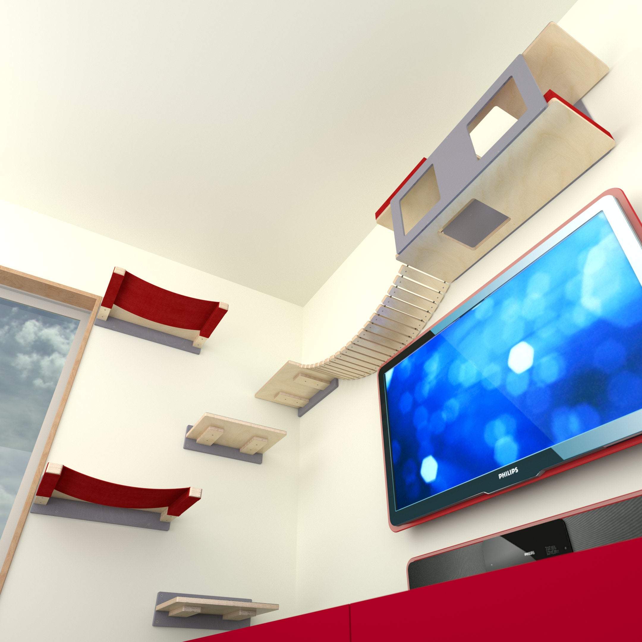 Cat Wall Shelf Bridge Bed Bundle - BigCat Corner TV Bundle - Scratchy Things Premium Pet Furniture