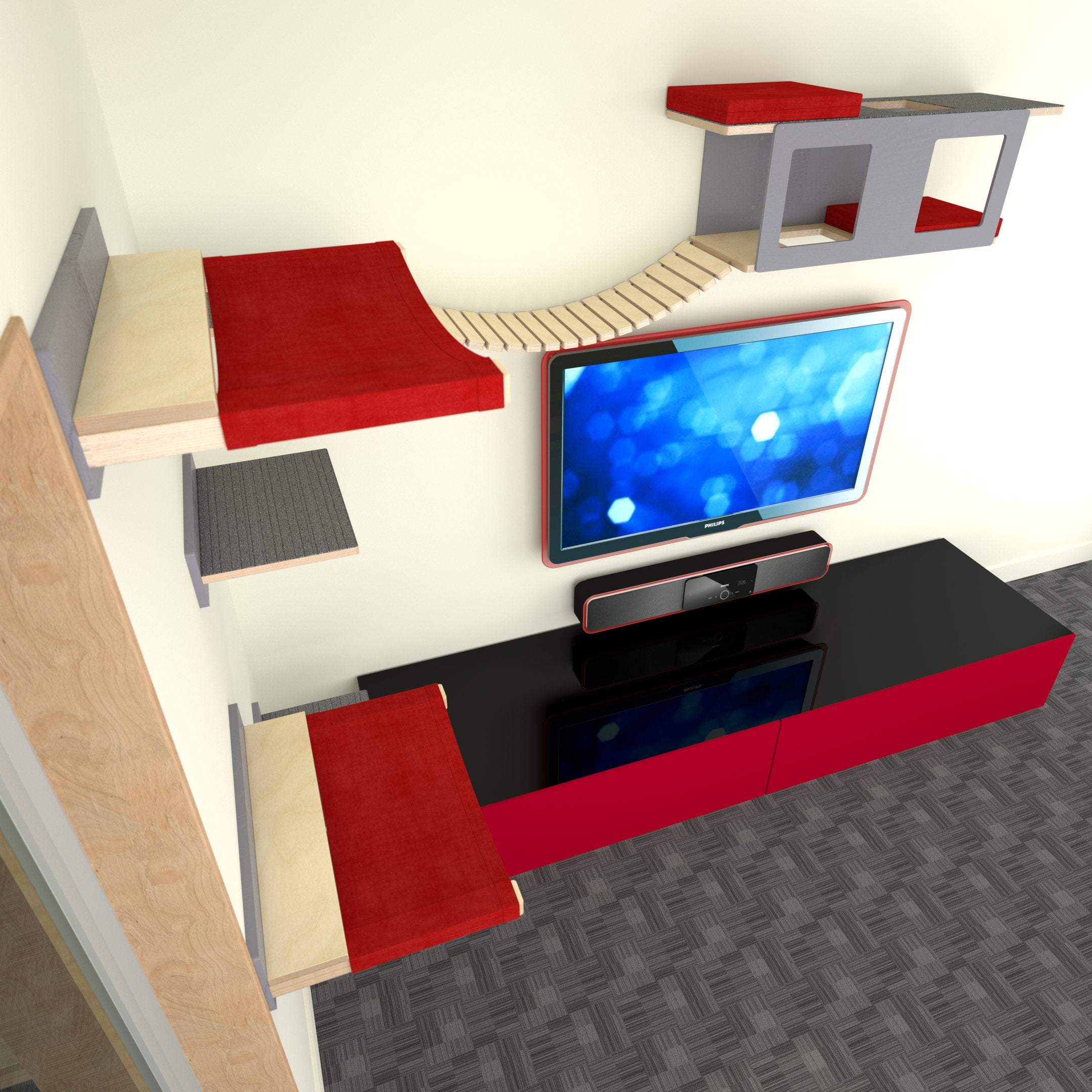 Cat Wall Shelf Bridge Bed Bundle - BigCat Corner TV Bundle - Scratchy Things Premium Pet Furniture