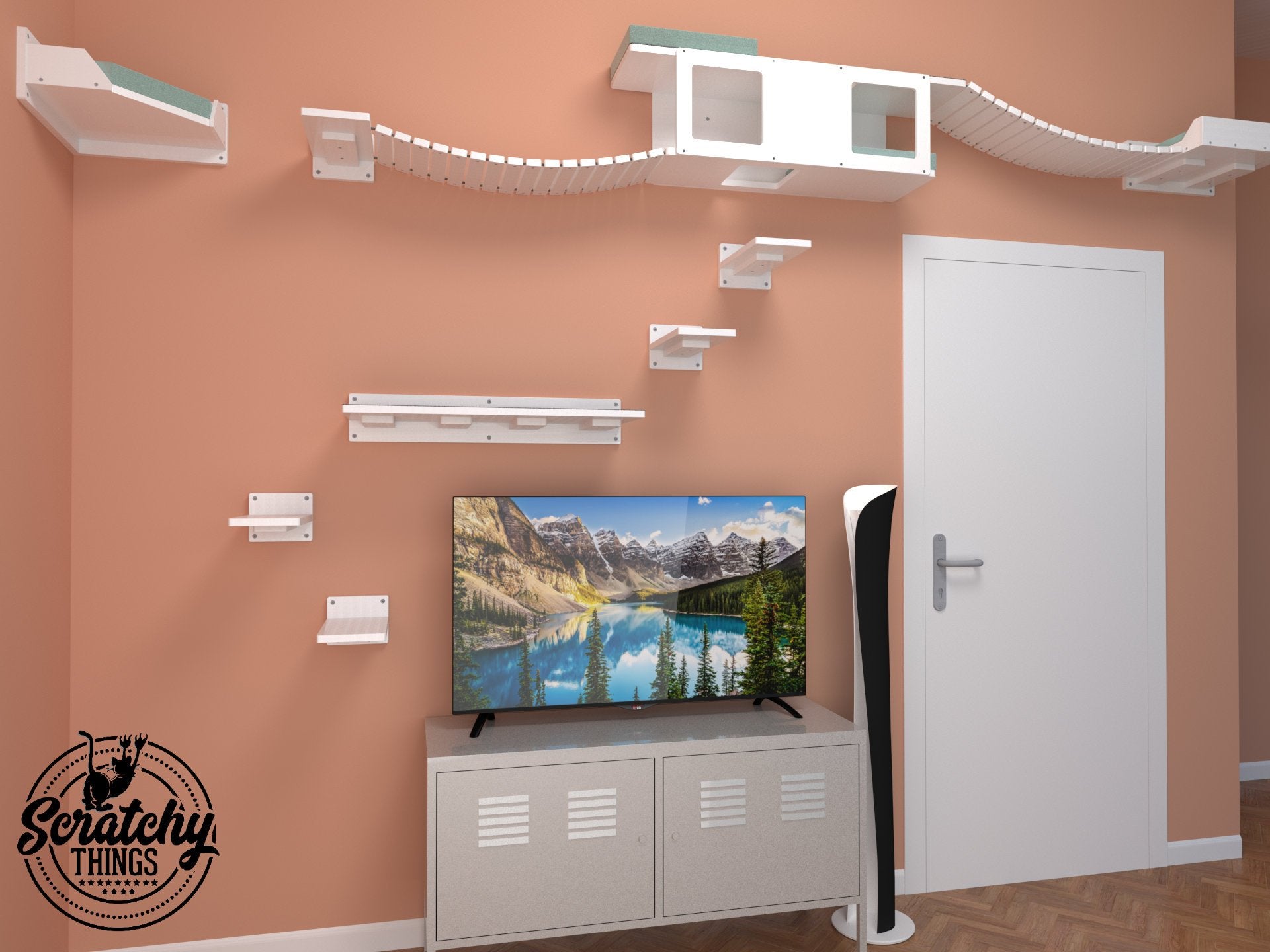 Cat Wall Shelf Bridge Bed Bundle - Peach Bundle - Scratchy Things Premium Pet Furniture