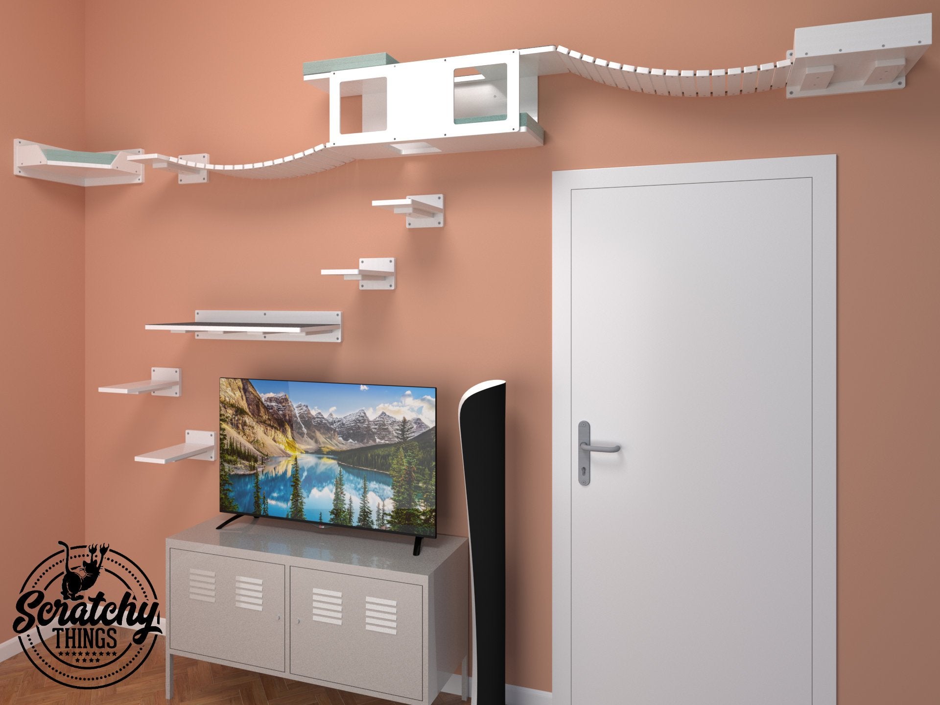 Cat Wall Shelf Bridge Bed Bundle - Peach Bundle - Scratchy Things Premium Pet Furniture