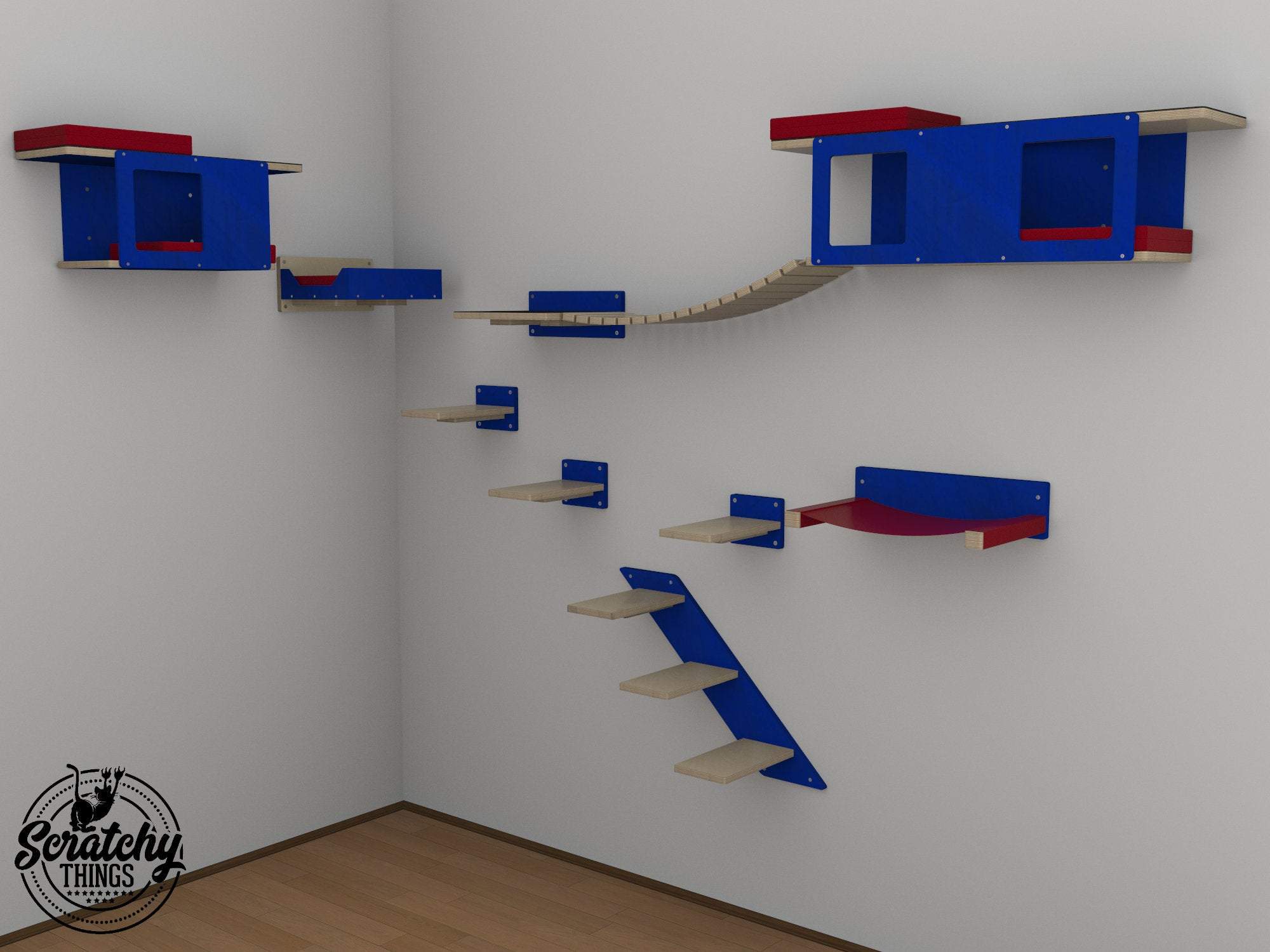 Cat Wall Shelf Bridge Bed Bundle - Slightly Less Big Corner Bundle - Scratchy Things Premium Pet Furniture