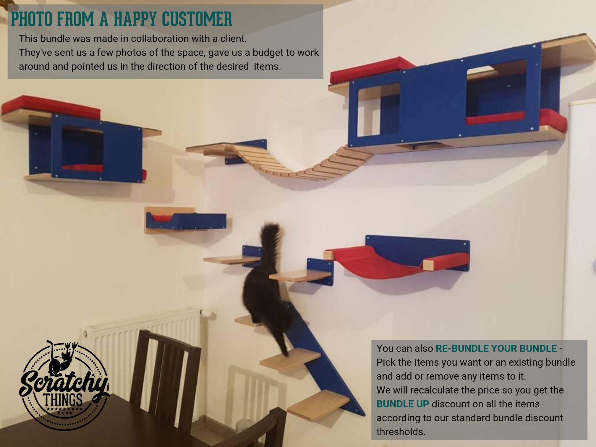 Cat Wall Shelf Bridge Bed Bundle - Slightly Less Big Corner Bundle - Scratchy Things Premium Pet Furniture