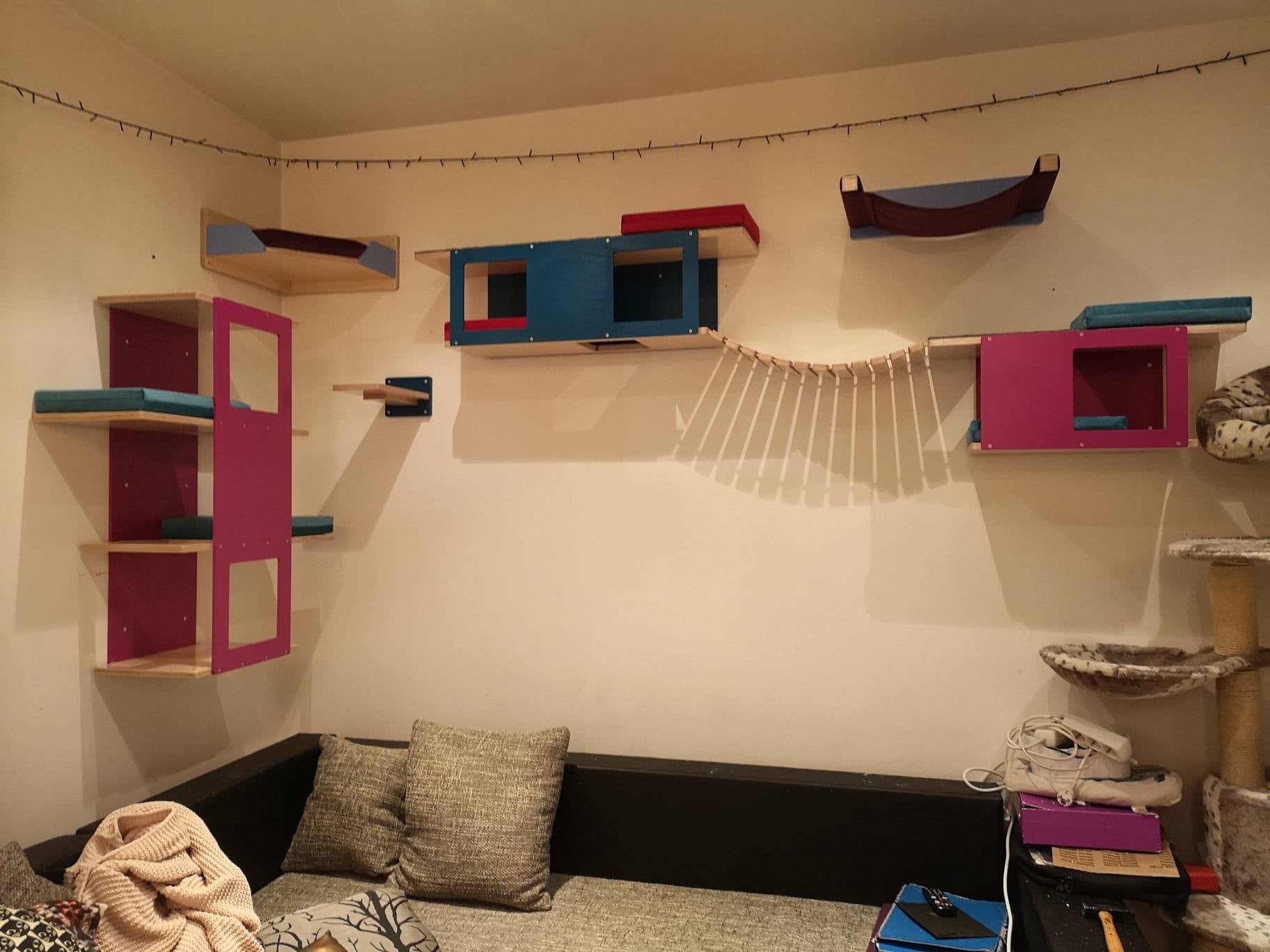 Cat Wall Shelf Bridge Bed Bundle - Splash of Color Bundle - Scratchy Things Premium Pet Furniture
