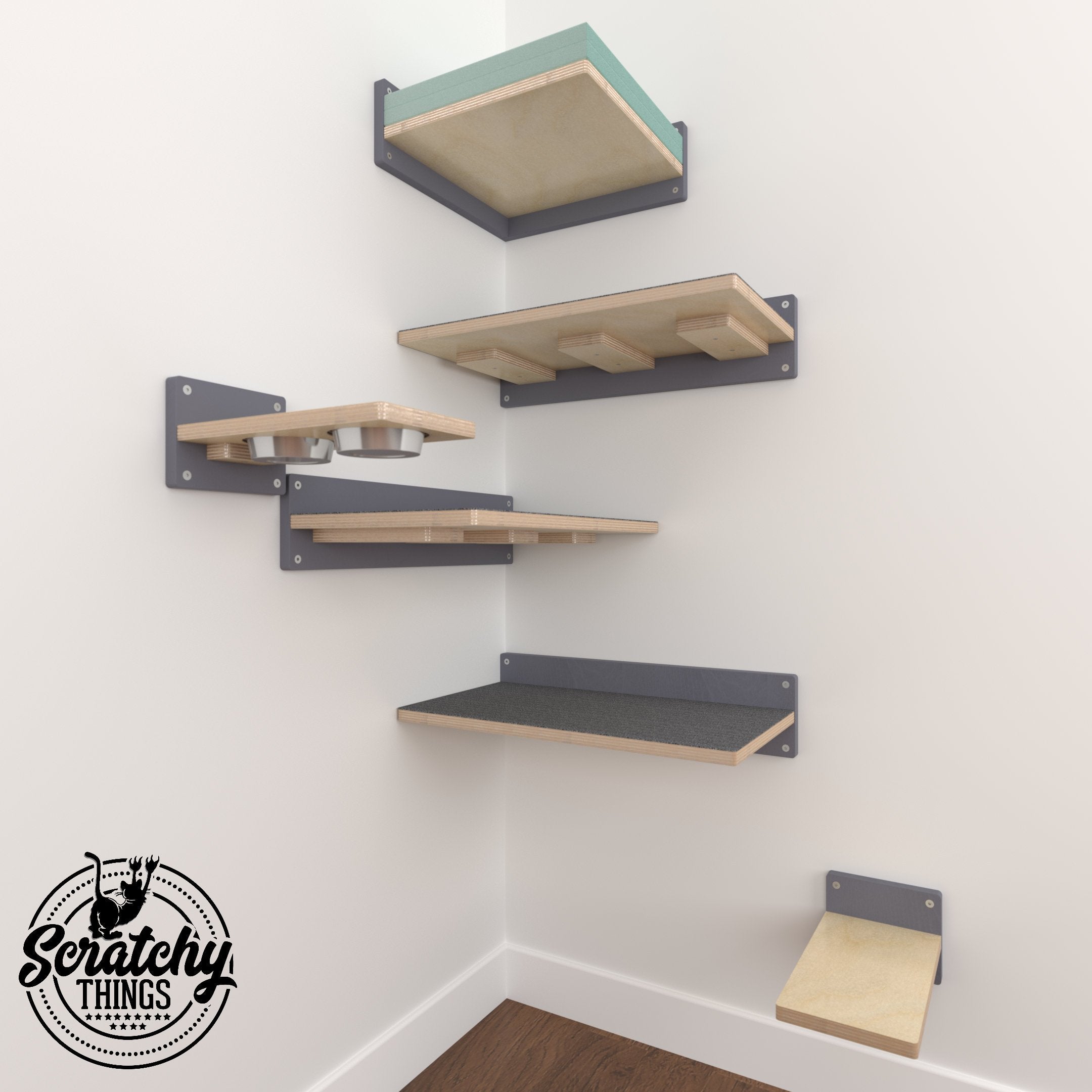 Cat Wall Shelf Feeder Bundle - Very Flat Corner Bundle - Scratchy Things Premium Pet Furniture