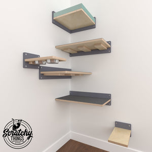 Cat Wall Shelf Feeder Bundle - Very Flat Corner Bundle - Scratchy Things Premium Pet Furniture