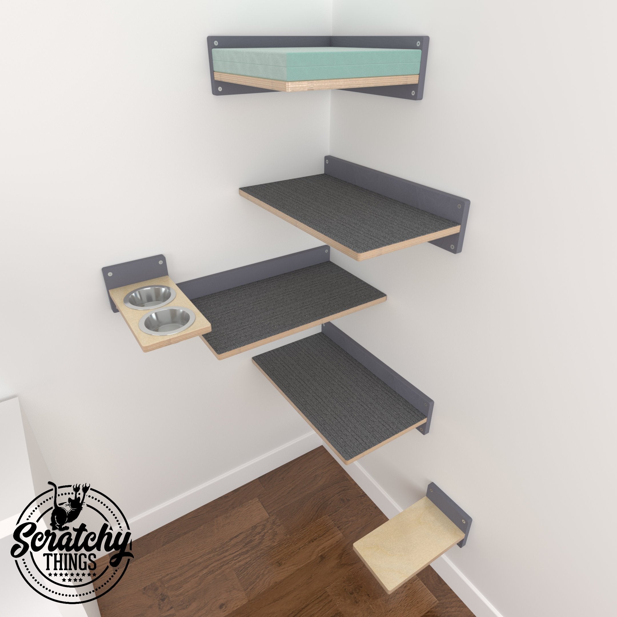 Cat Wall Shelf Feeder Bundle - Very Flat Corner Bundle - Scratchy Things Premium Pet Furniture