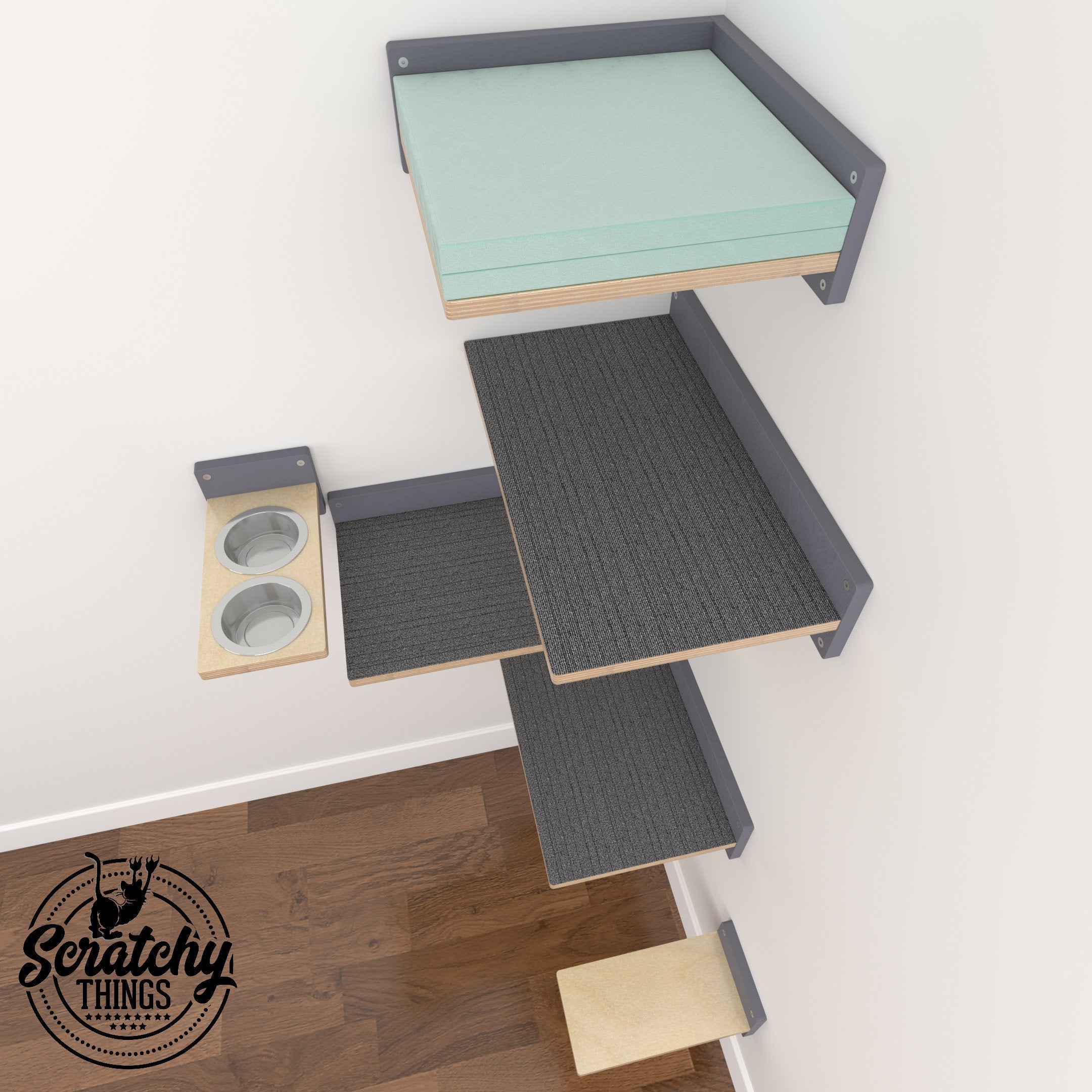 Cat Wall Shelf Feeder Bundle - Very Flat Corner Bundle - Scratchy Things Premium Pet Furniture
