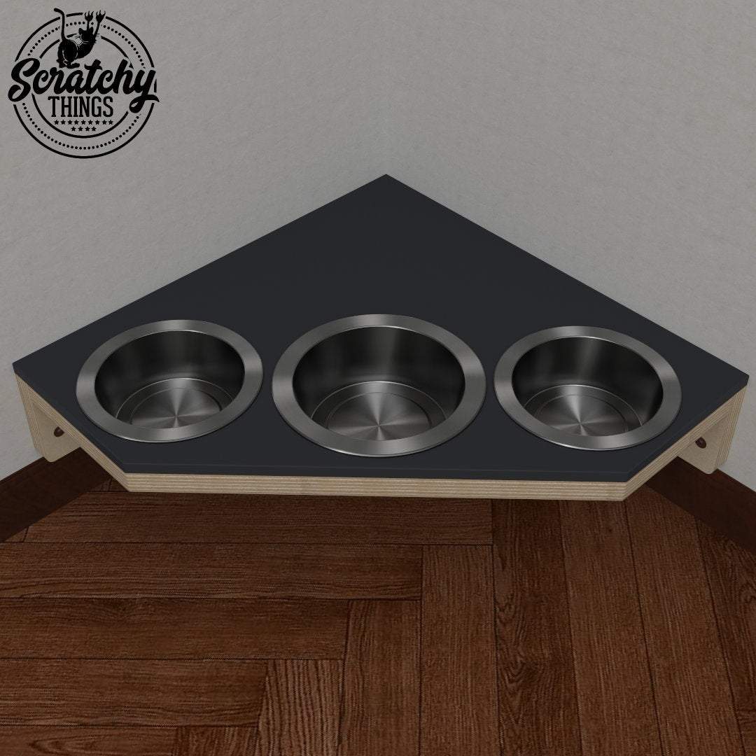 Cat Wall Shelf Feeder Corner - Wally Corner Feeder Trio - Scratchy Things Premium Pet Furniture
