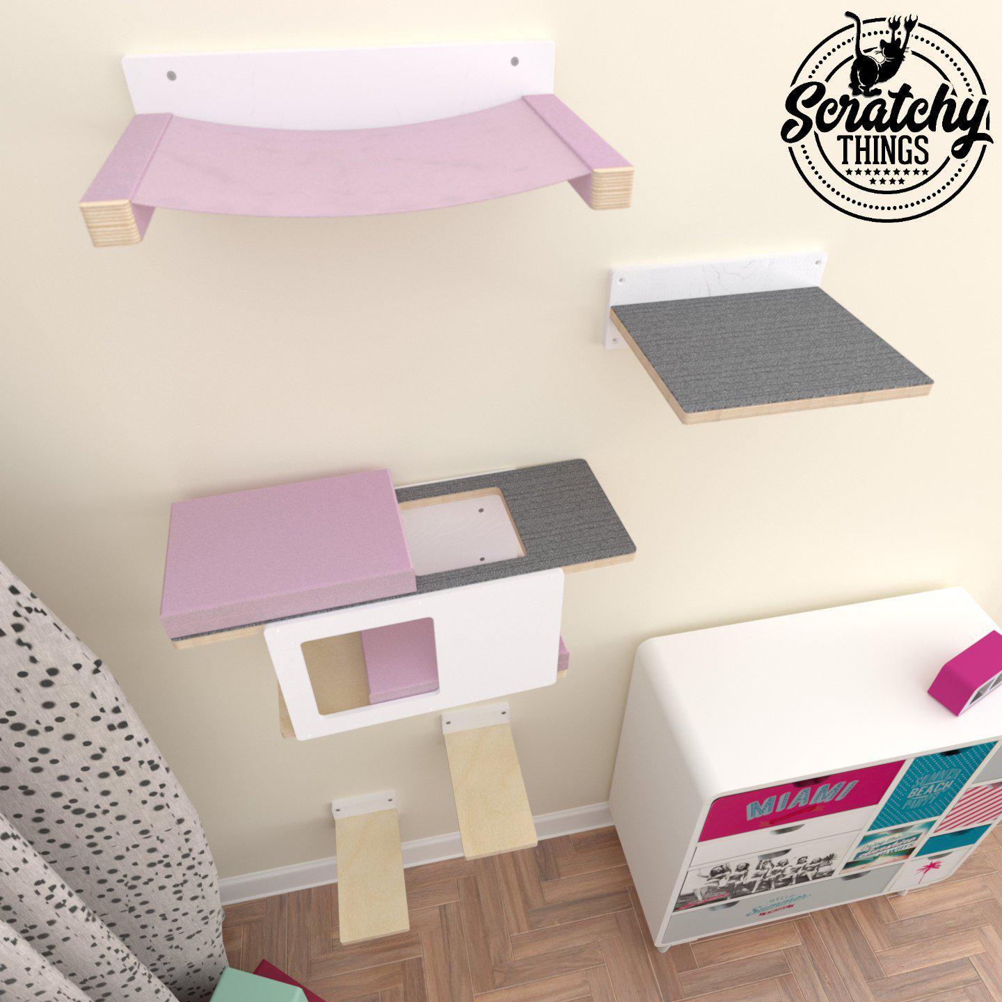 Cat Wall Shelf Step Bed Hammock Bundle - Space Saver Bundle - Scratchy Things Premium Pet Furniture