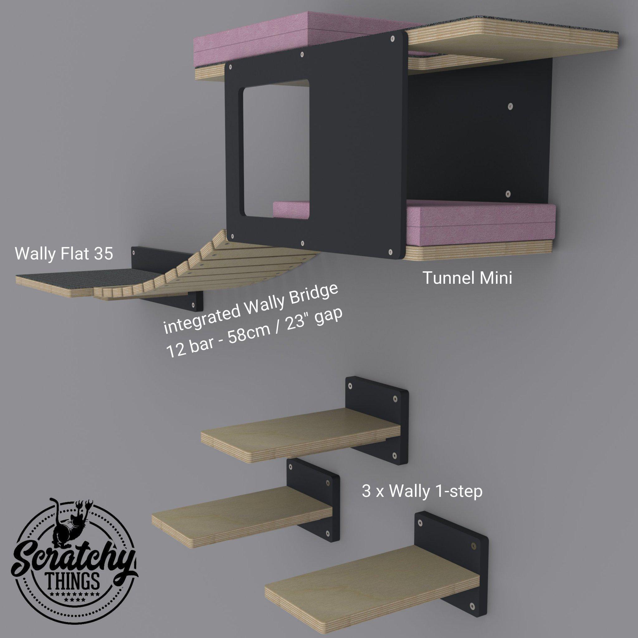 Cat Wall Shelf Step Bridge Bed Bundle - Wally Play Bundle Mini - Scratchy Things Premium Pet Furniture