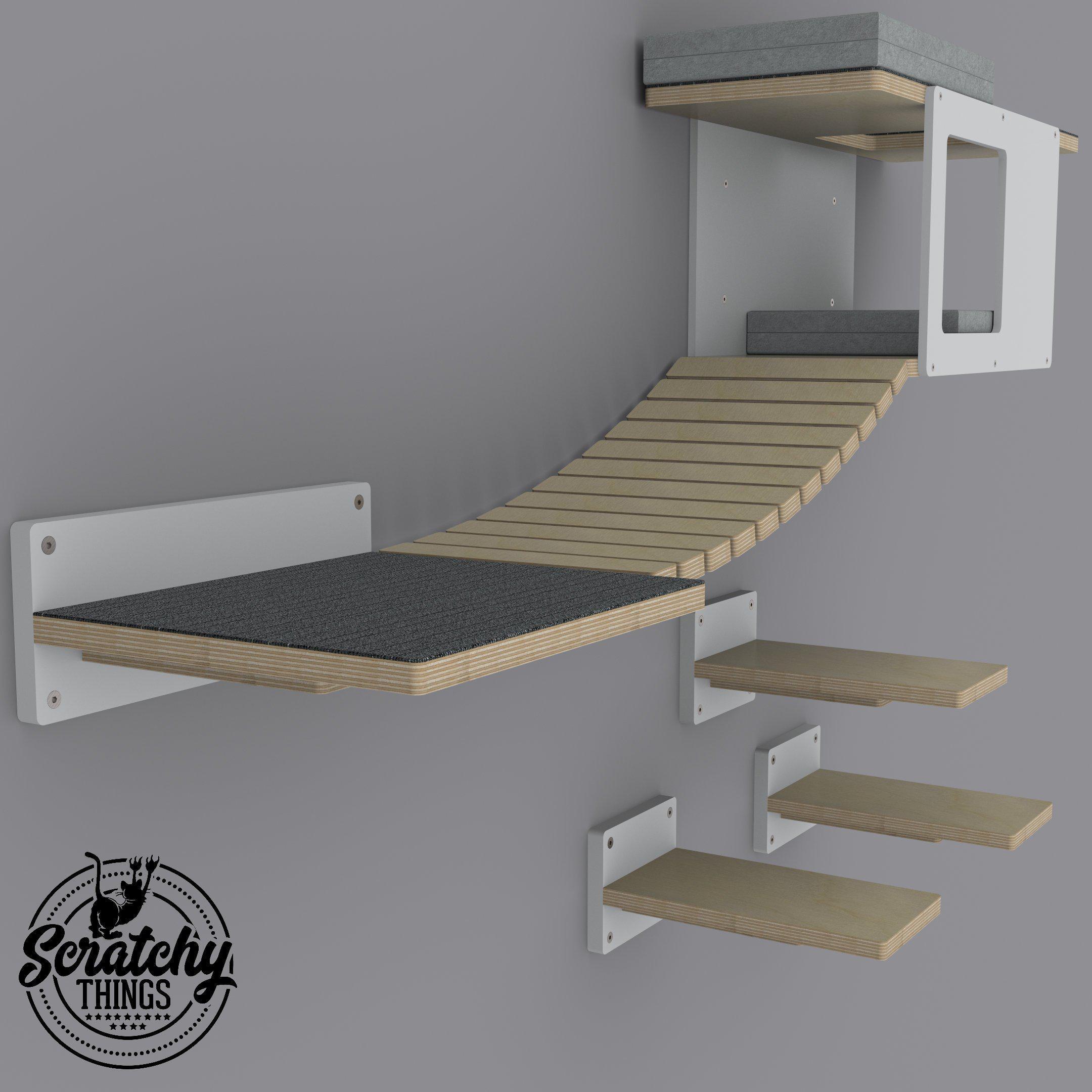 Cat Wall Shelf Step Bridge Bed Bundle - Wally Play Bundle Mini - Scratchy Things Premium Pet Furniture
