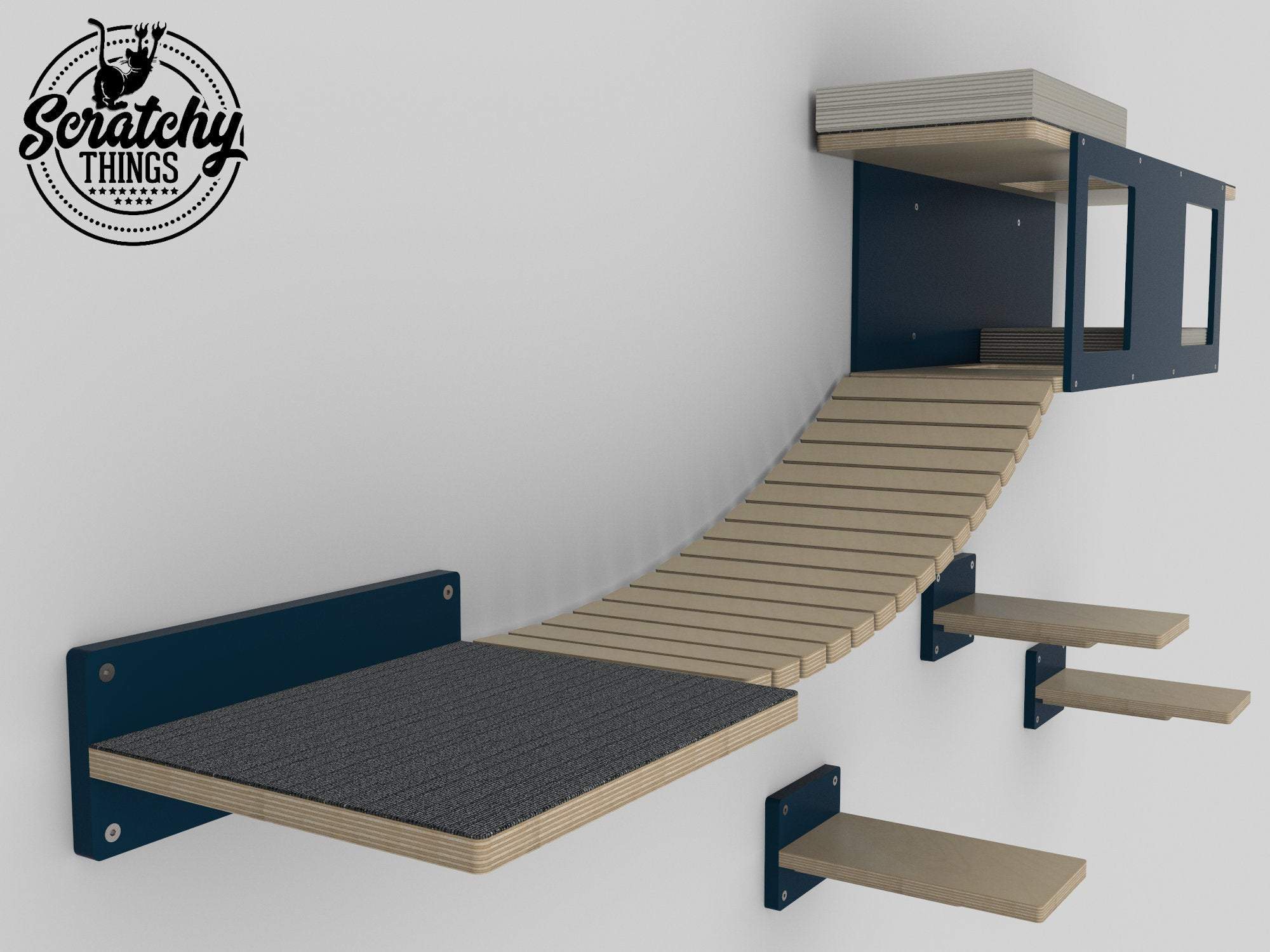 Cat Wall Shelf Step Bridge Bed Bundle - Wally Play Bundle - Scratchy Things Premium Pet Furniture