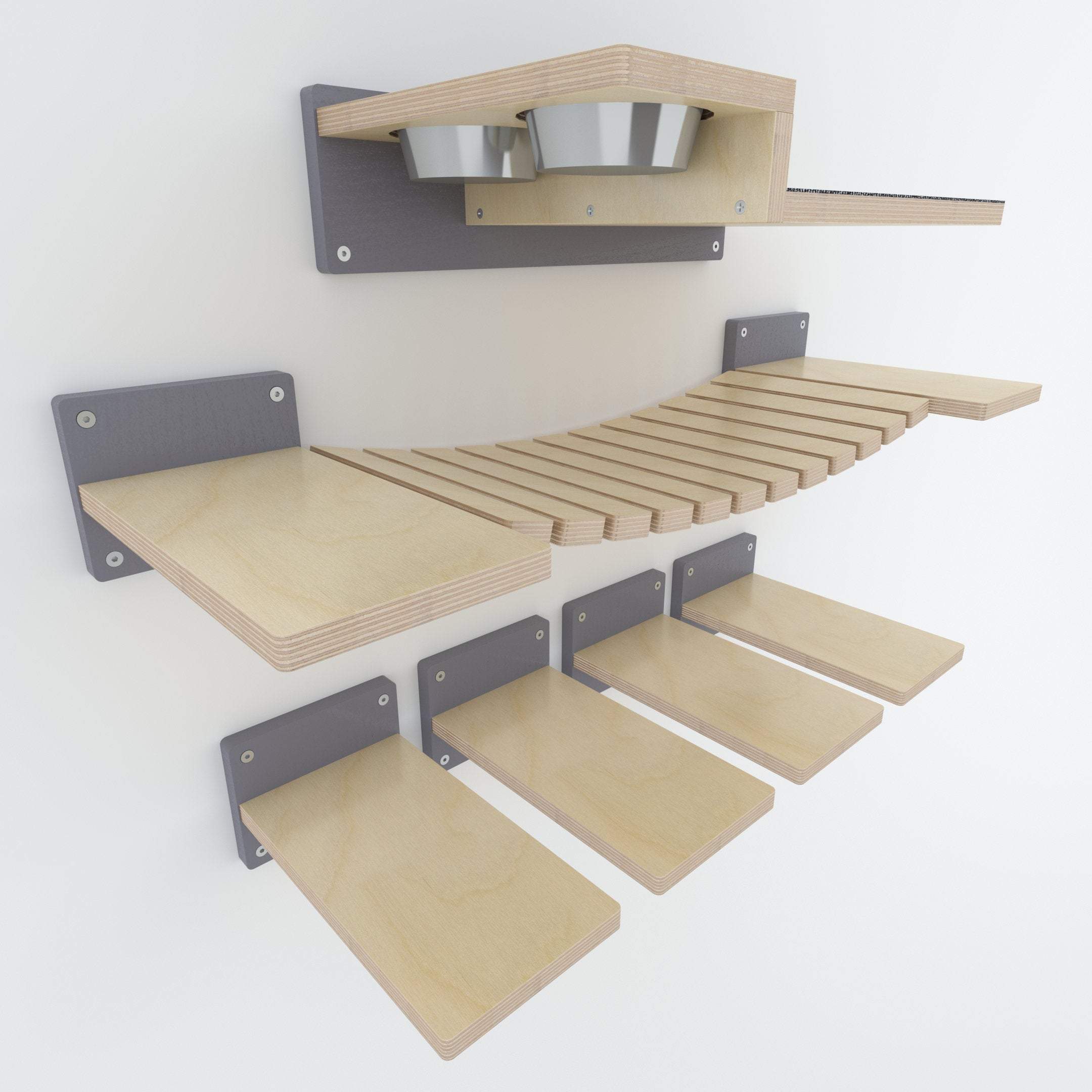 Cat Wall Shelf Step Bridge Feeder Bundle - Wally Starter Sixpack Bundle - Scratchy Things Premium Pet Furniture