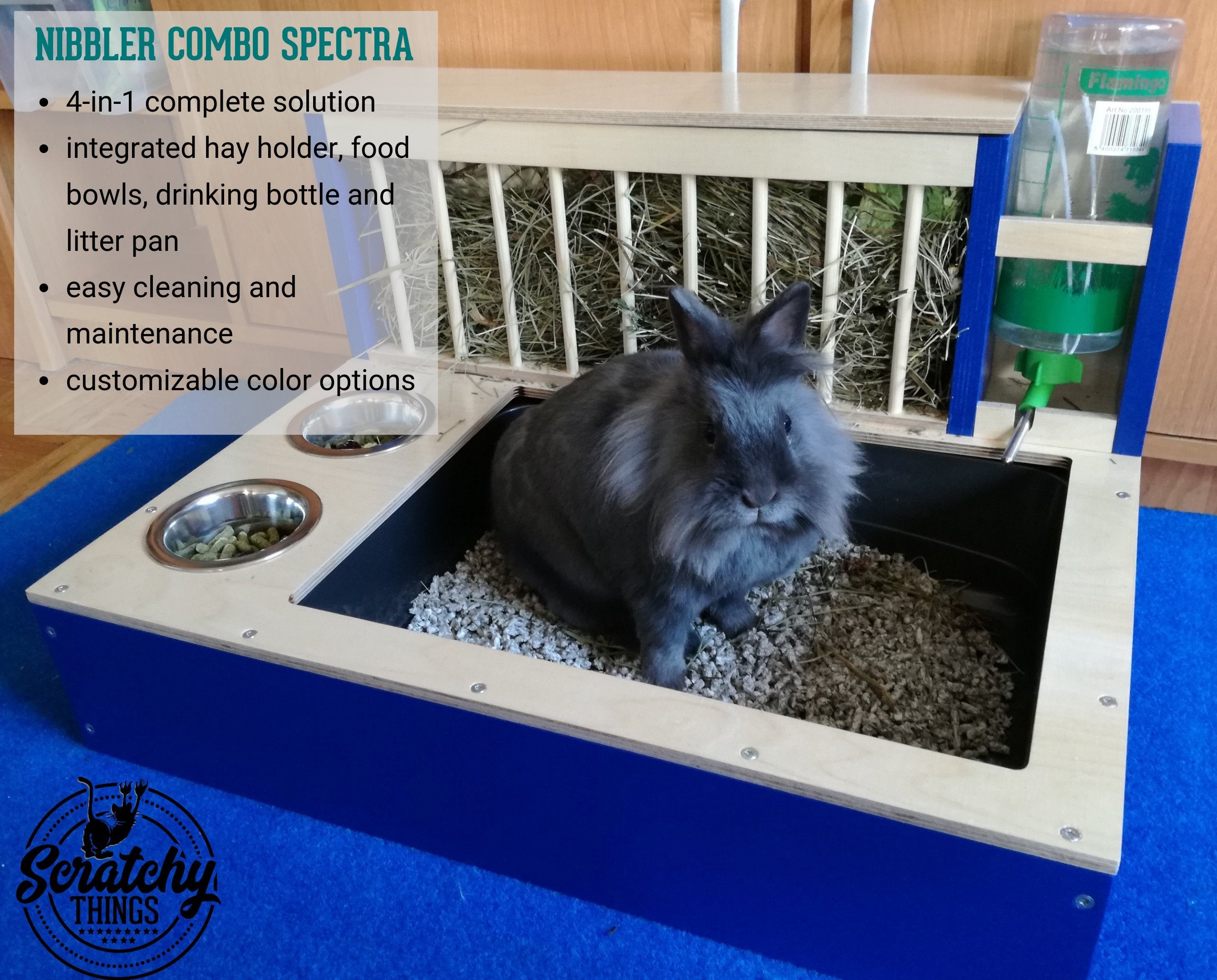 Rabbit Hay Feeder Water Litter box - Nibbler Combo Spectra 4in1 - Scratchy Things Premium Pet Furniture
